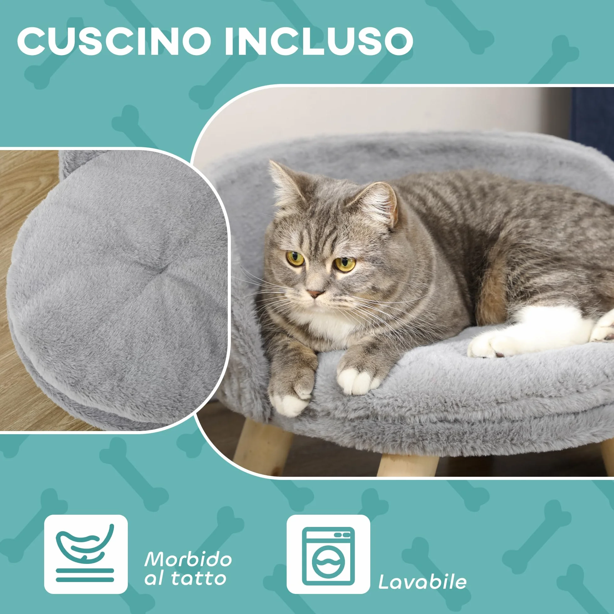 PawHut Lettino per Cani Taglia Media di 5 kg Massimo Rotondo, Divano per Cani in Tessuto di Peluche e Legno con Cuscino Extra Lavabile in Cotone PP, Ø40.5x33 cm, Grigio