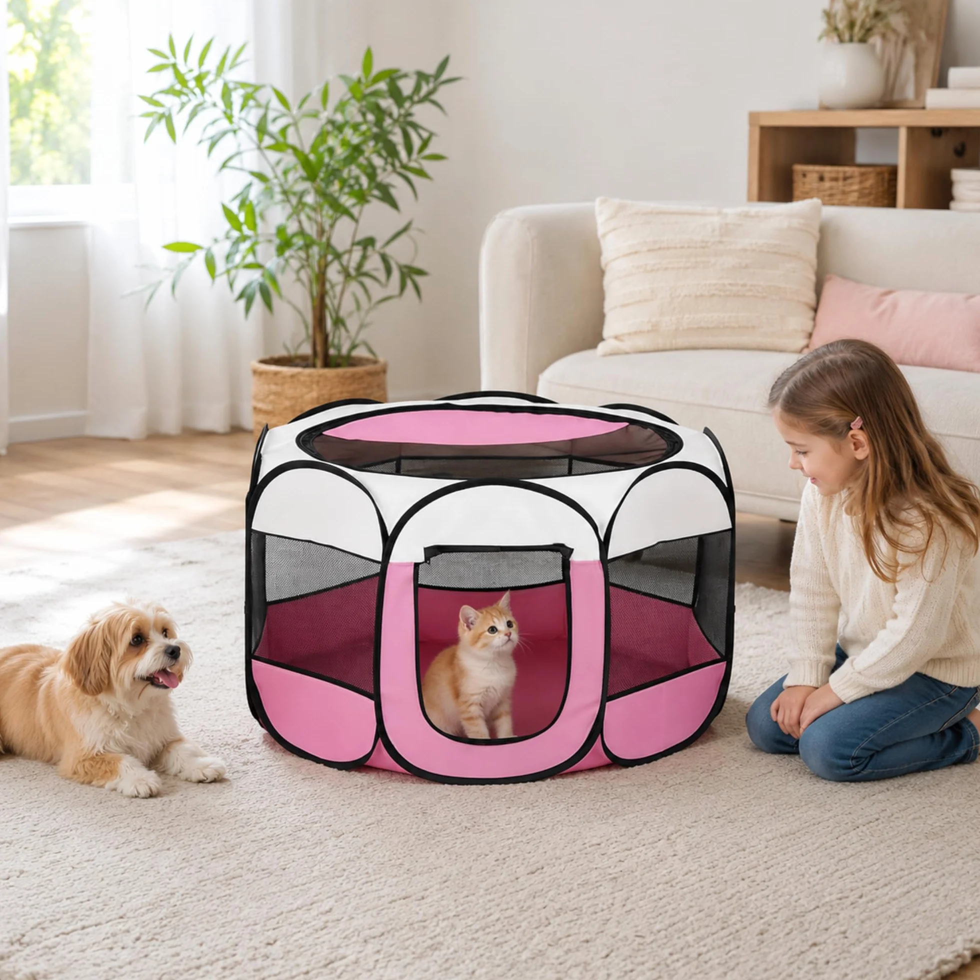 Recinto pieghevole per cuccioli 74x74x43 cm box per cani gatti conigli interni esterni rosa