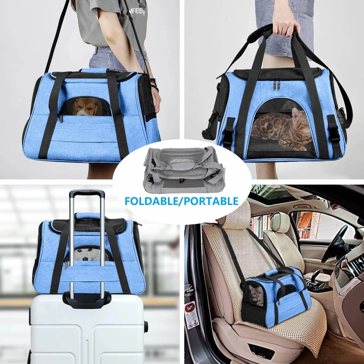 Trasportino gatto, trasportino per cani, Trasportino per animali portatile morbido e pieghevole, Può essere portato a mano o a tracolla (Blu)