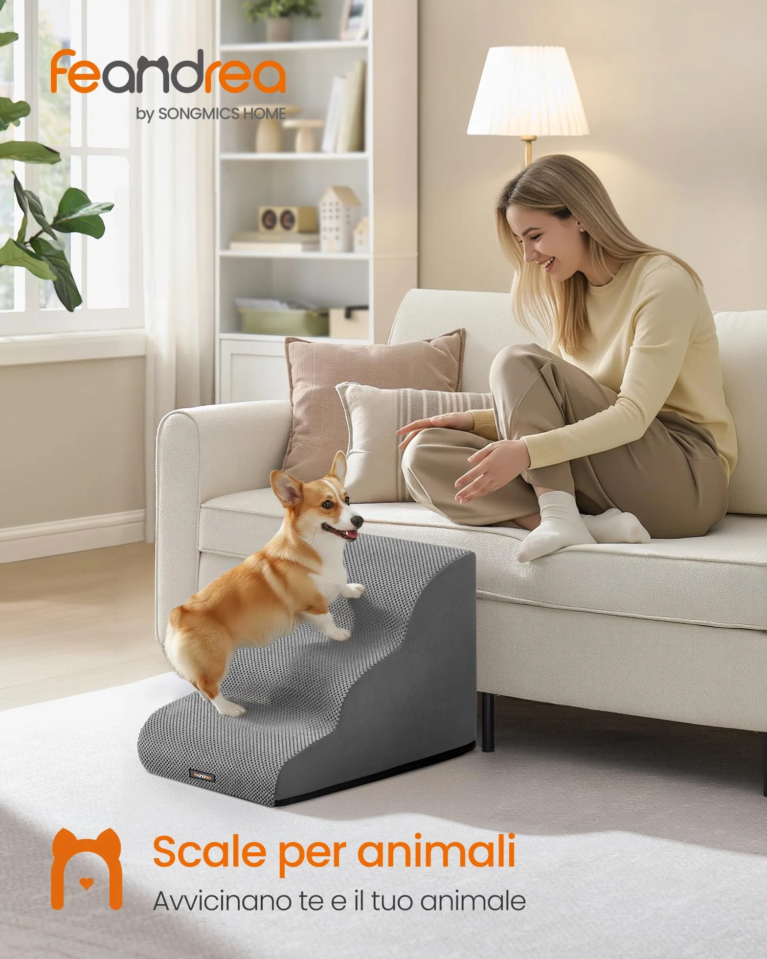 Feandrea Scala a 3 Gradini per Cani in Velluto Goffrato, Antiscivolo e Impermeabile, Copertura Lavabile, Grigio Tortora