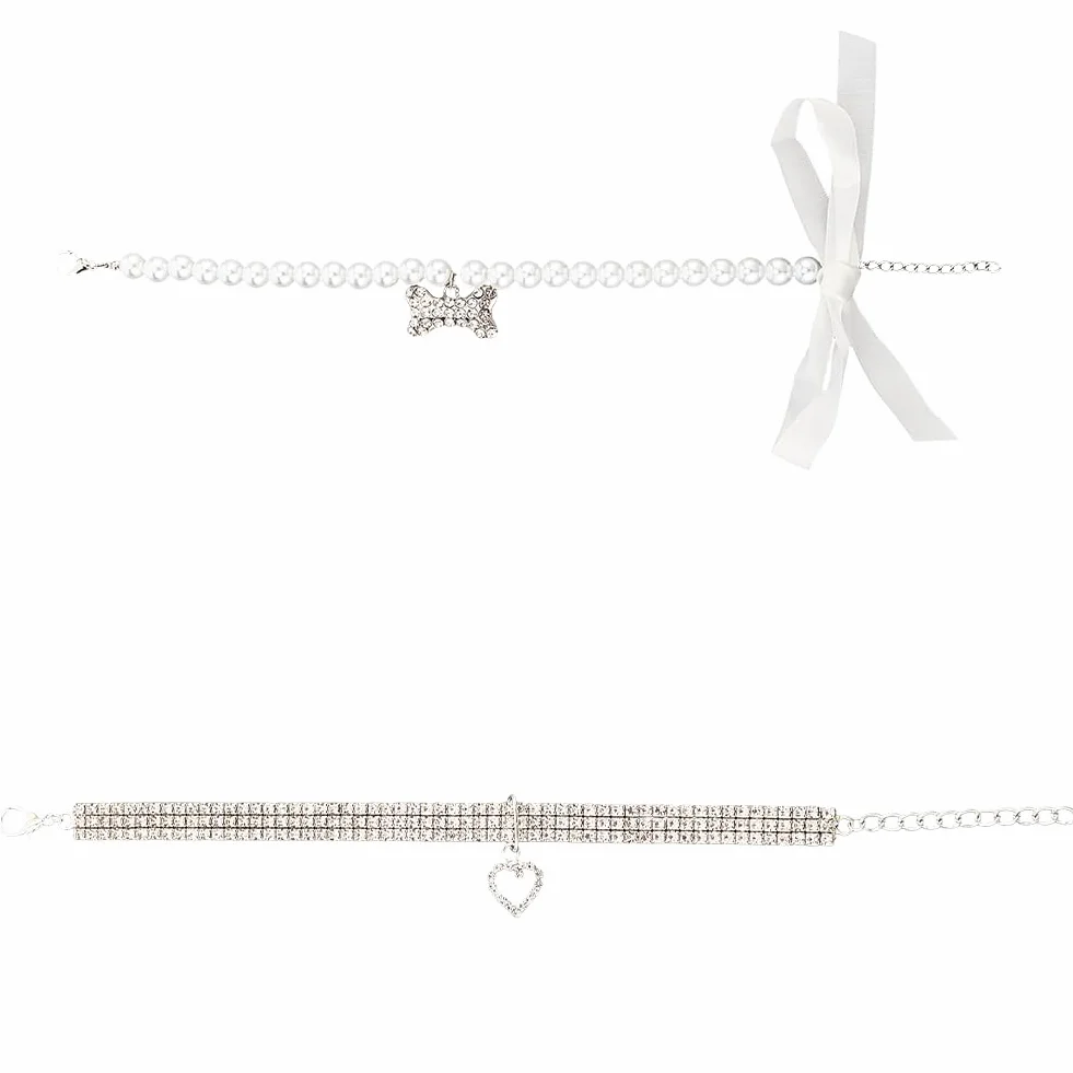 CREATCABIN Collana per Cani Strass Bling Regolabile Fiocco Bianco Perle Finte Ciondolo Collari per Gatti Cucciolo 28cm 25.8cm