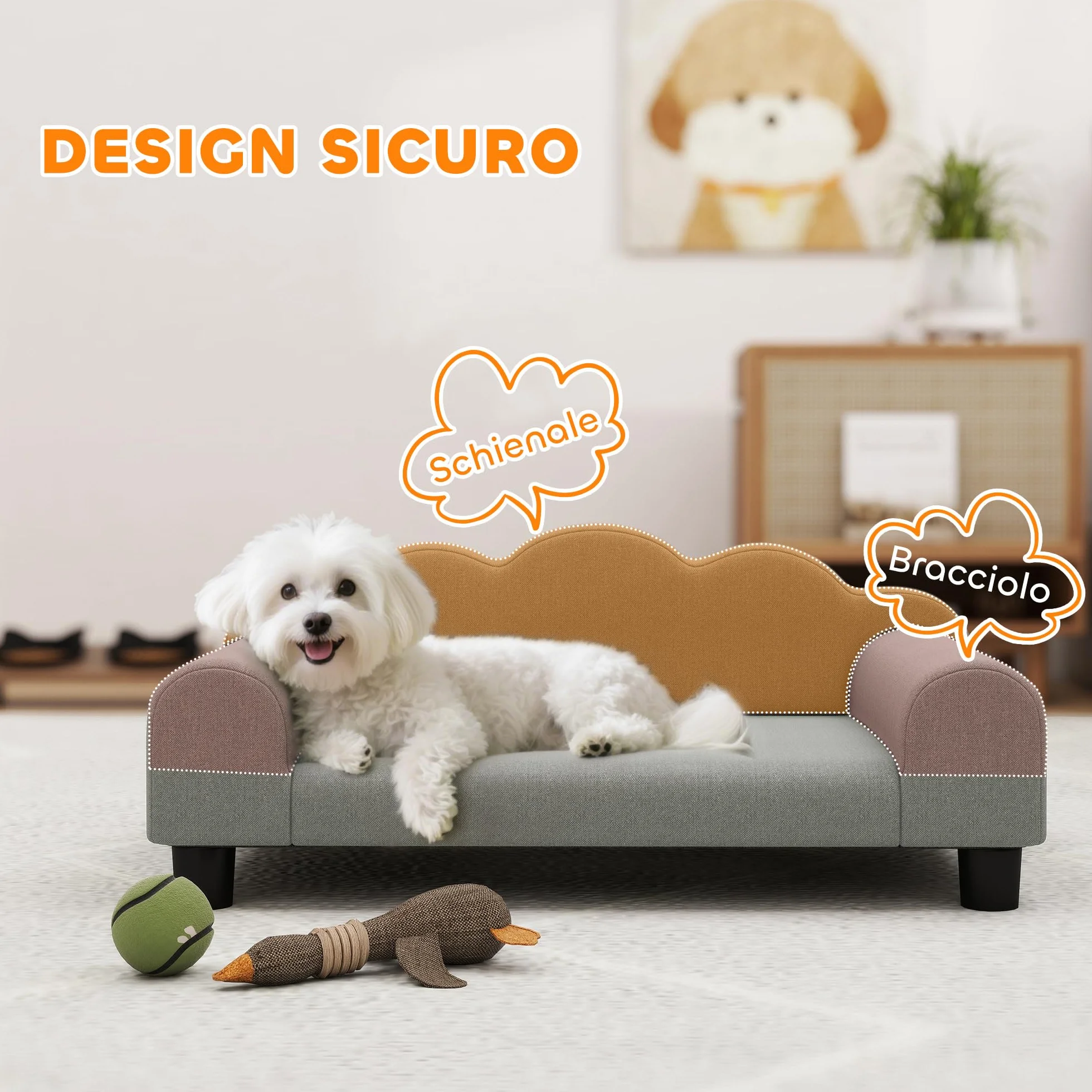 PawHut Divano per Cani Piccoli Morbido con Braccioli di Supporto, Divanetto per Cani in Legno e Tessuto French Terry, 66x42x28.5 cm, Grigio