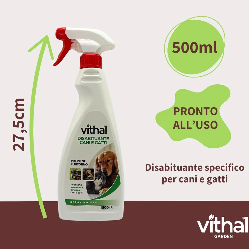 VITHAL Repellente per Gatti e Cani - Spray Liquido 500ml, Disabituante Gatti e Cani, Anti Urina Anti Graffio, Ideale per Tutte le Superfici, Interni ed Esterni, Adatto per Cuccioli e Adulti