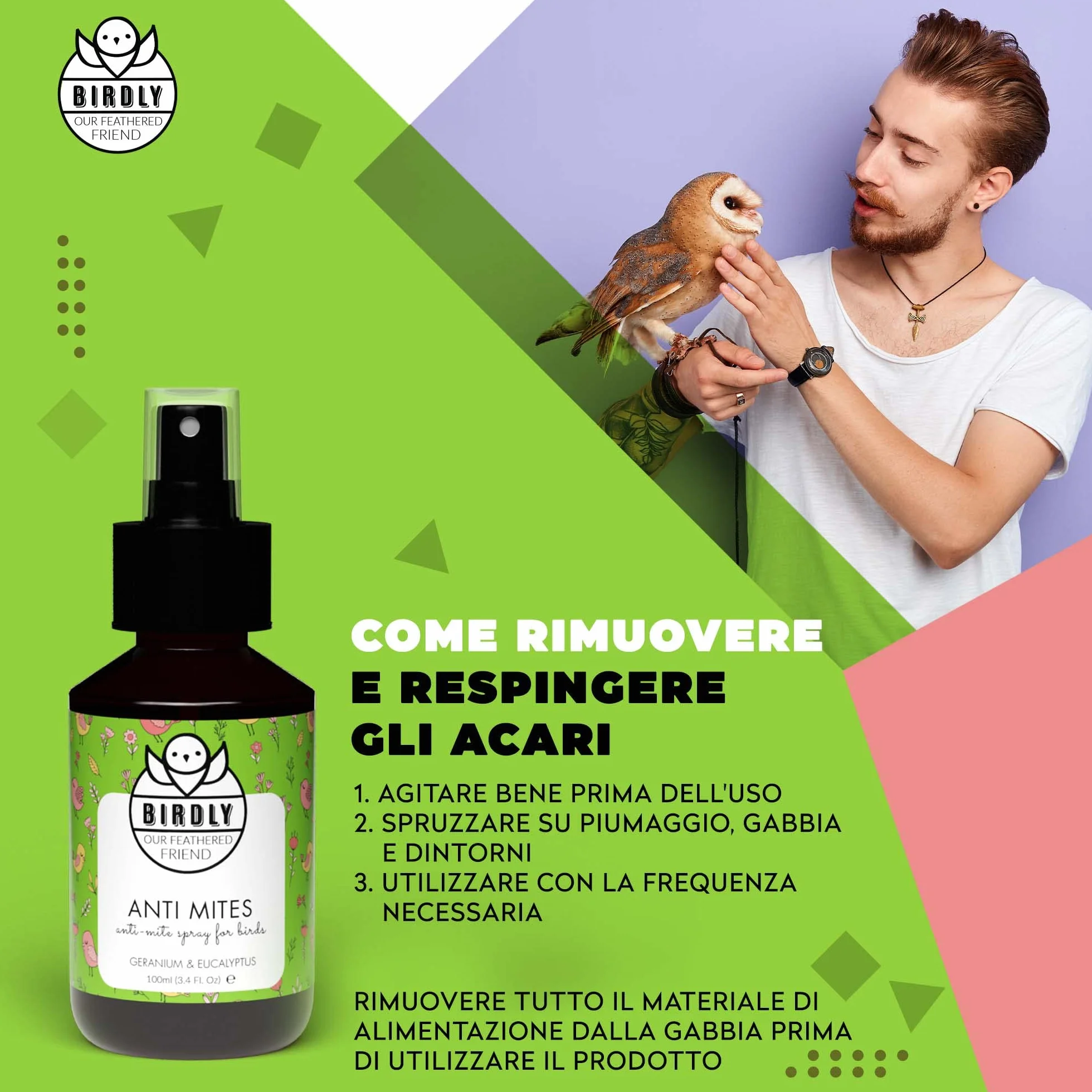 Birdly Spray Antiparassitario per Galline e Uccelli - Repellente Anti Acari con Vitamina E, 100ml