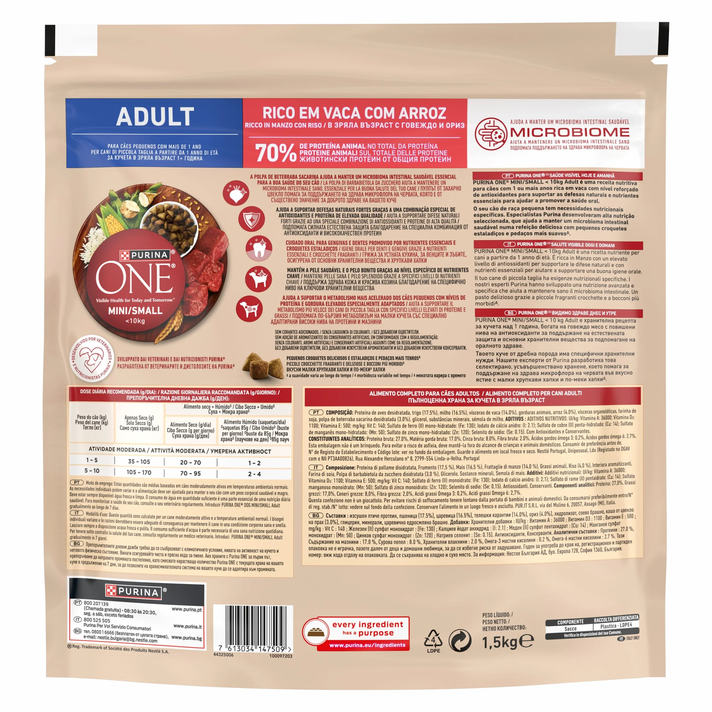 PURINA ONE Small Mini < 10kg Cibo per cani adulti con manzo e riso 1,5kg