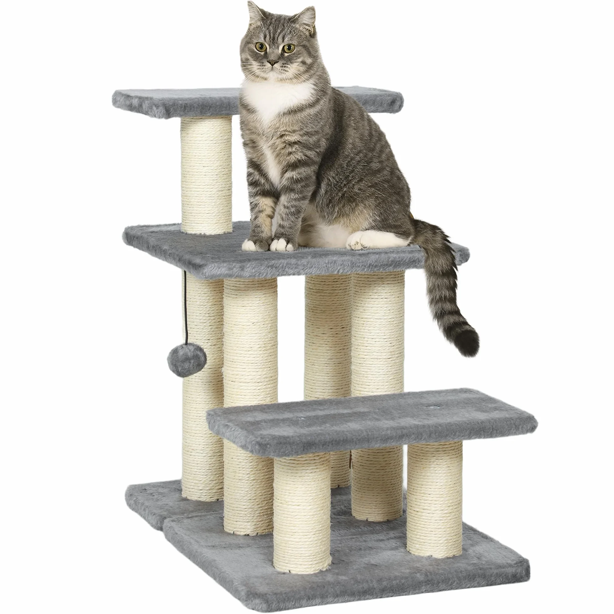 PawHut Scaletta per Cani e Gatti 3 Scalini in Peluche e Pali Tiragraffi in Sisal, Grigio
