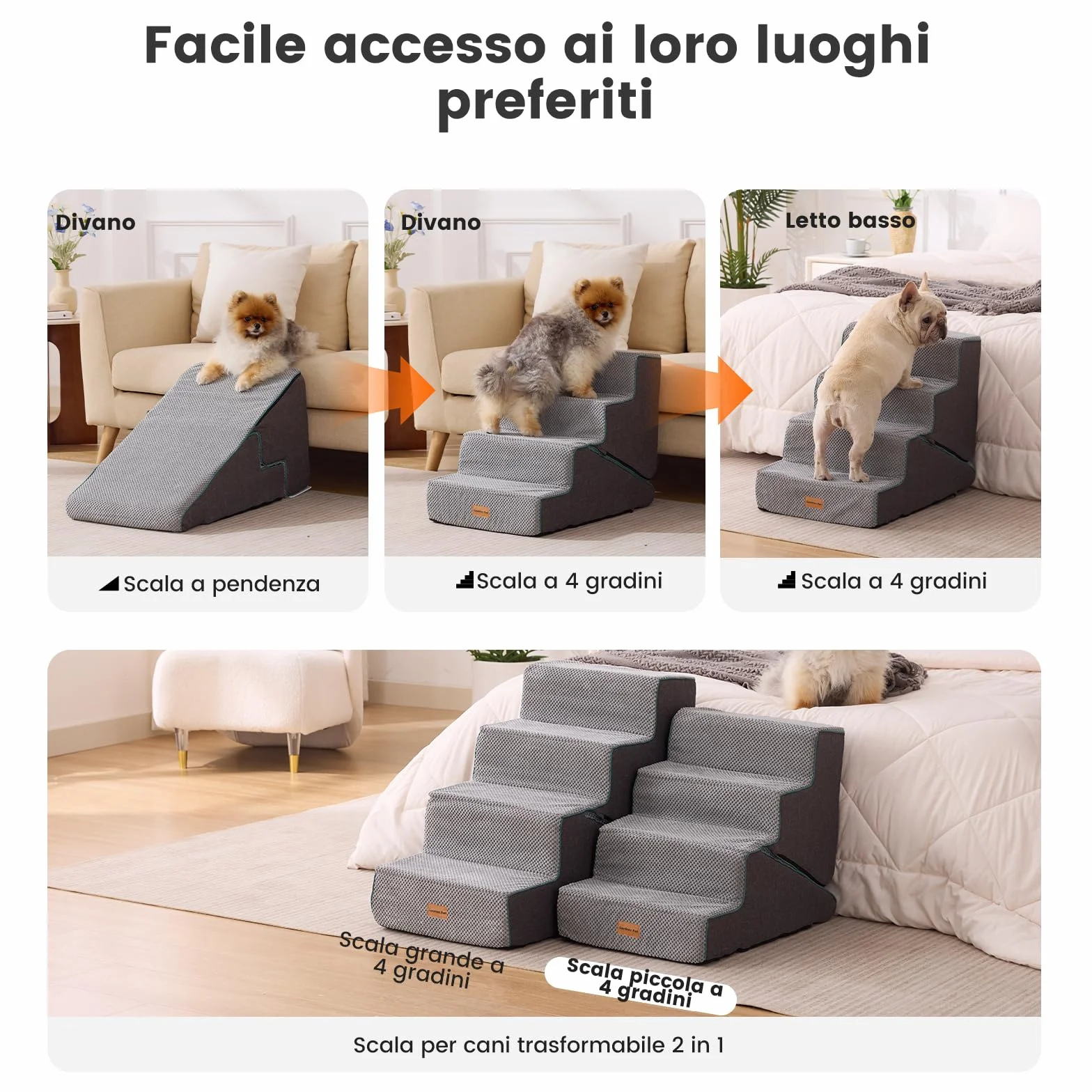 Gardner Pet 2-in-1 scala per cani piccoli 4 gradini rampa in schiuma impermeabile antiscivolo grigia