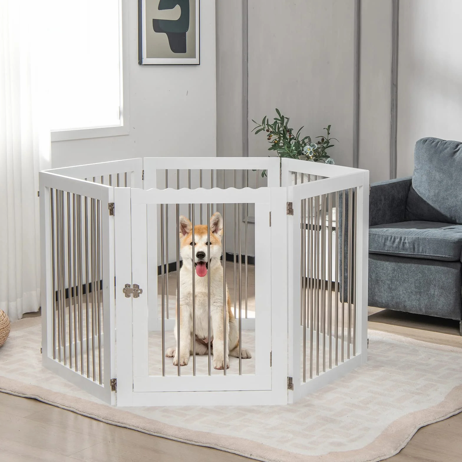 COSTWAY Cancelletto per Cani Pieghevole in Legno, Cancello per Animali Domestici 6 Ante, Box per Cani Piccola/Media Taglia, 80 x 61 x 1,8 cm