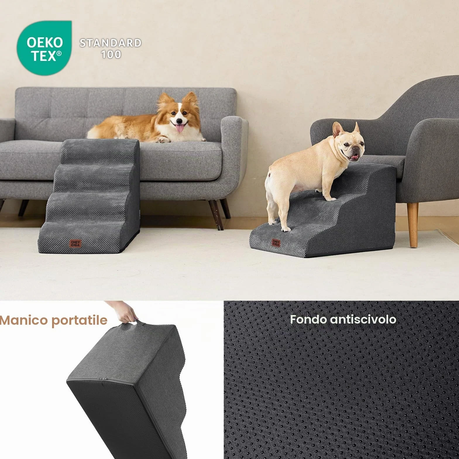 EHEYCIGA Scaletta per Cani 3 Gradini 40 cm, Scala Antiscivolo per Letto e Divano, Rivestimento Rimovibile e Lavabile, Grigio