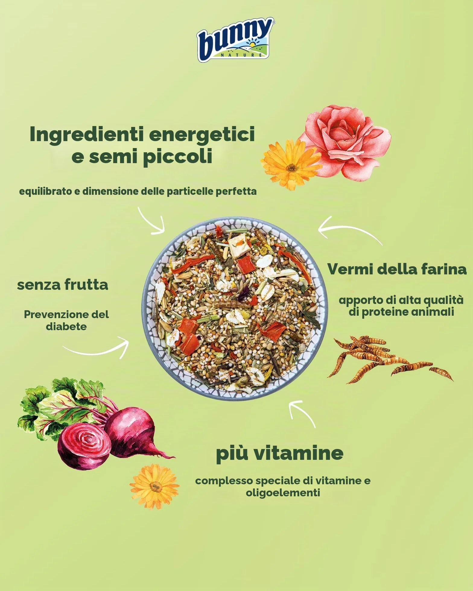 bunny Nature - Mangime completo per criceti nani, mix di vitamine, ingredienti e vermi di farina, 500 g