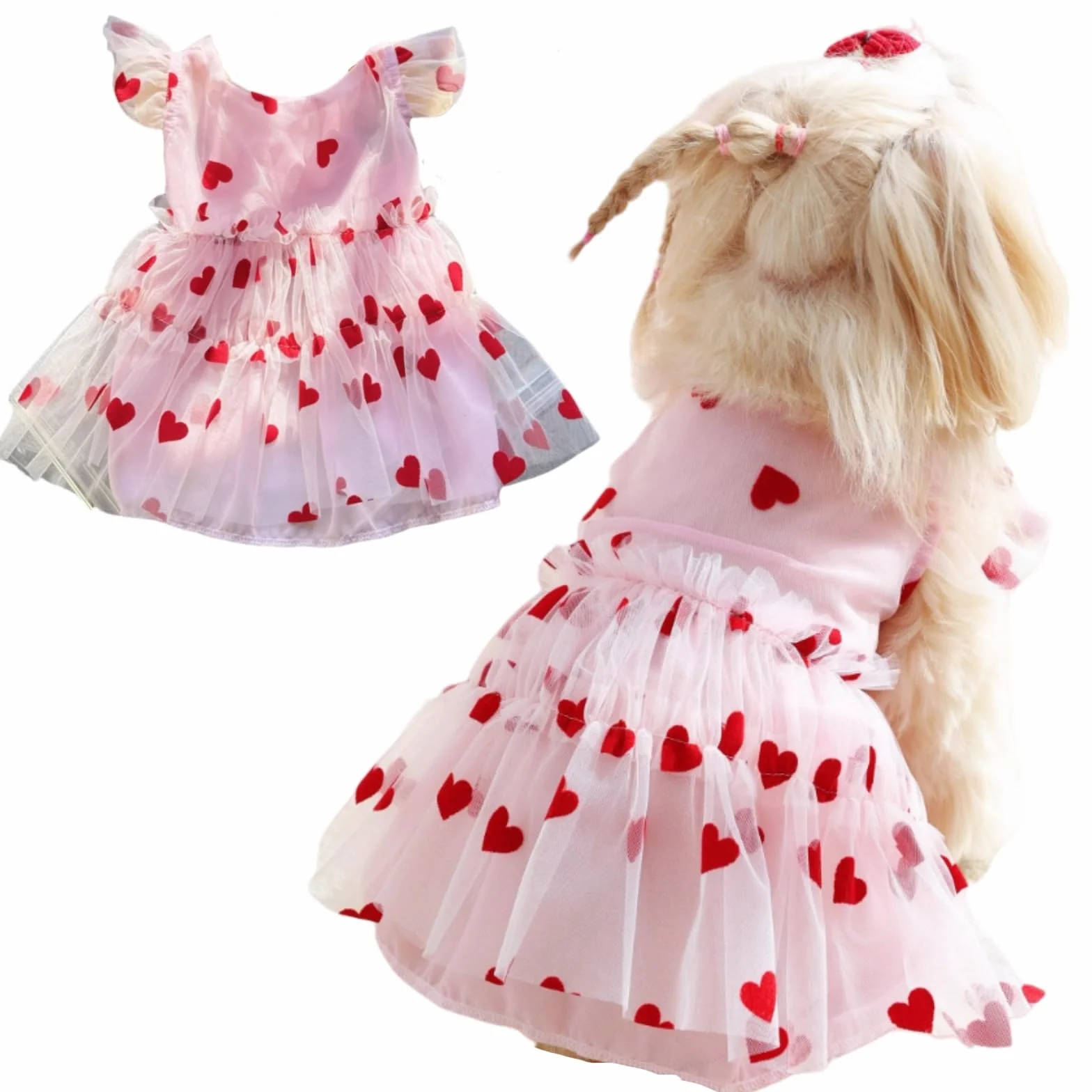 Vestiti per cani di piccola taglia con stampa a cuore per cani e gatti, abito da sposa in tulle, gonna tutù, costume per Yorkie Teddy Chihuahua