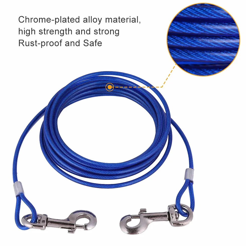 Dog Chain Extendable for Pets Long Steel Wire Dog Rope with Double Clips, Chew Resistant Tie Out for Picnic, Camping, Outdoor Use Secure Animal Safety with Durable Cord (Blue)
