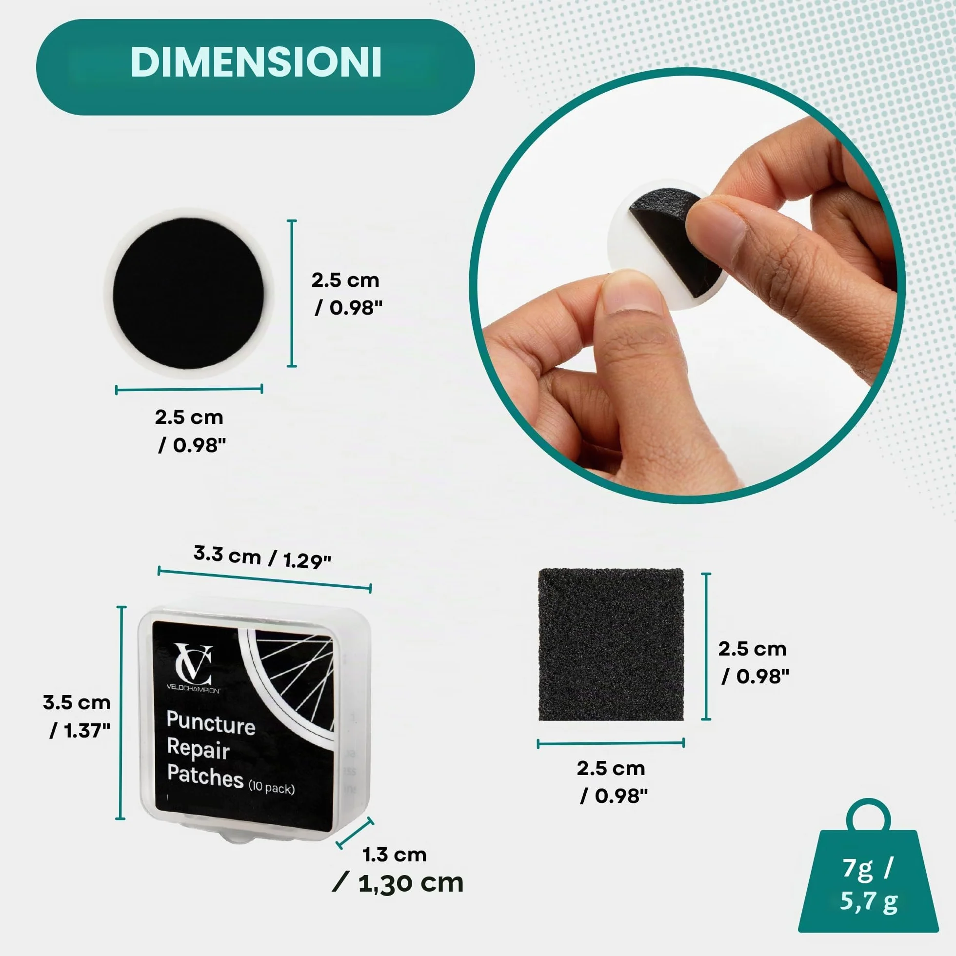 VeloChampion Kit Riparazione Forature per Bicicletta con Toppe Autoadesive e Leve Smontacopertoni a Scelta. Kit Antiforatura per Bici da Strada, MTB ed e-Bike.