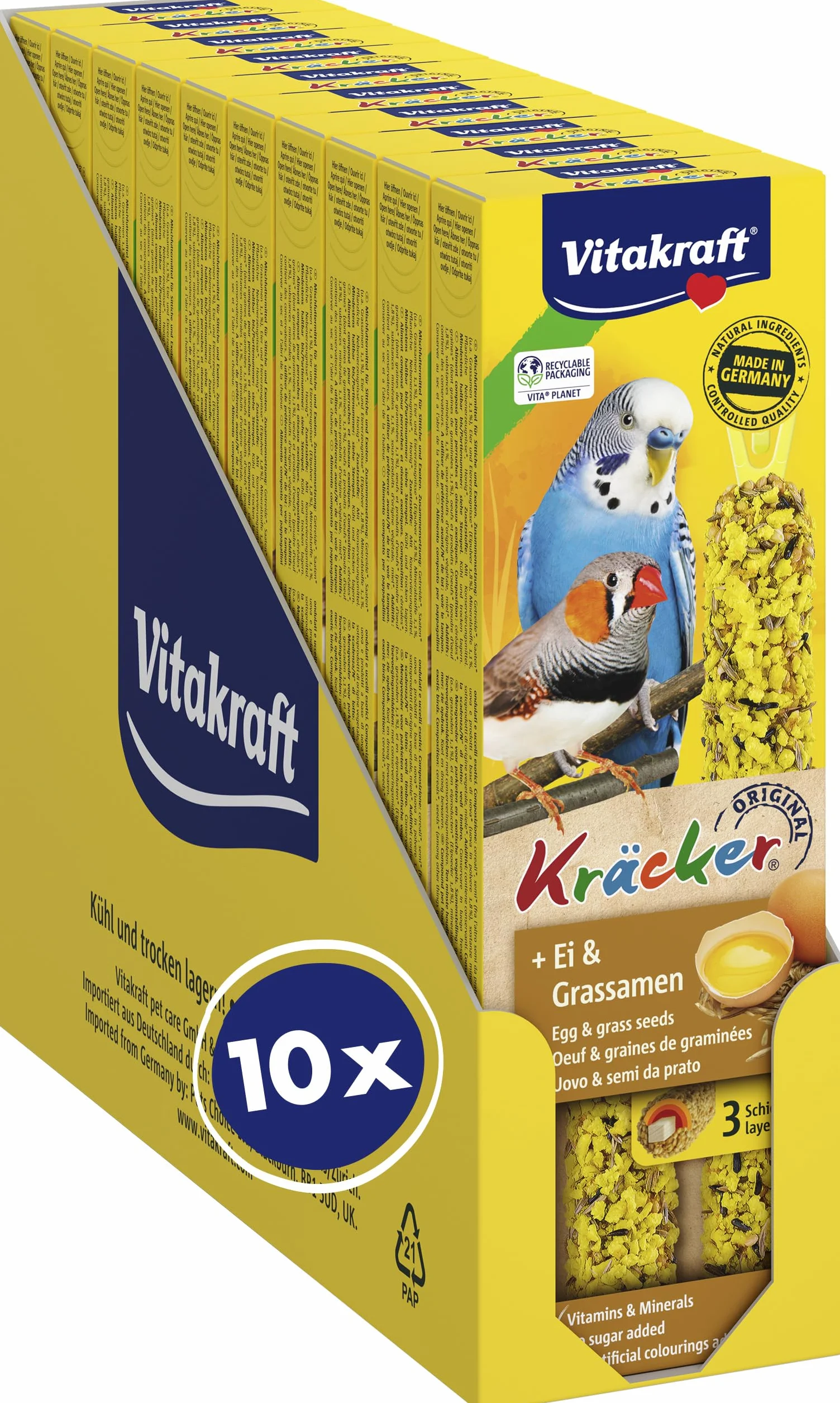 Vitakraft Kräcker,con uovo e semi da prato, bastoncini da sgranocchiare per pappagallini ondulati, in formato convenienza, senza l'aggiunta di zuccheri (10x 54g)