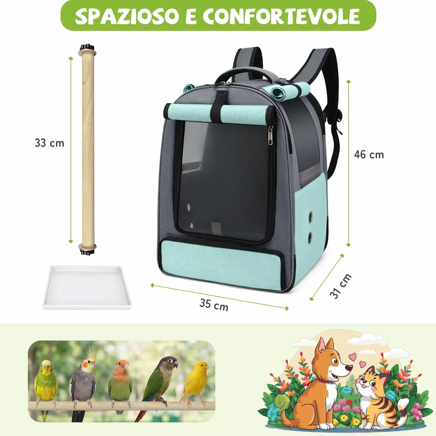 ALLSOPETS Zaino per Uccelli per Pappagalli e Piccoli Animali – Borsa Traspirante con Posatoio Regolabile e Vassoio Rimovibile, Ideale per Viaggi e attività all’Aperto (Blu Ghiacciaio)