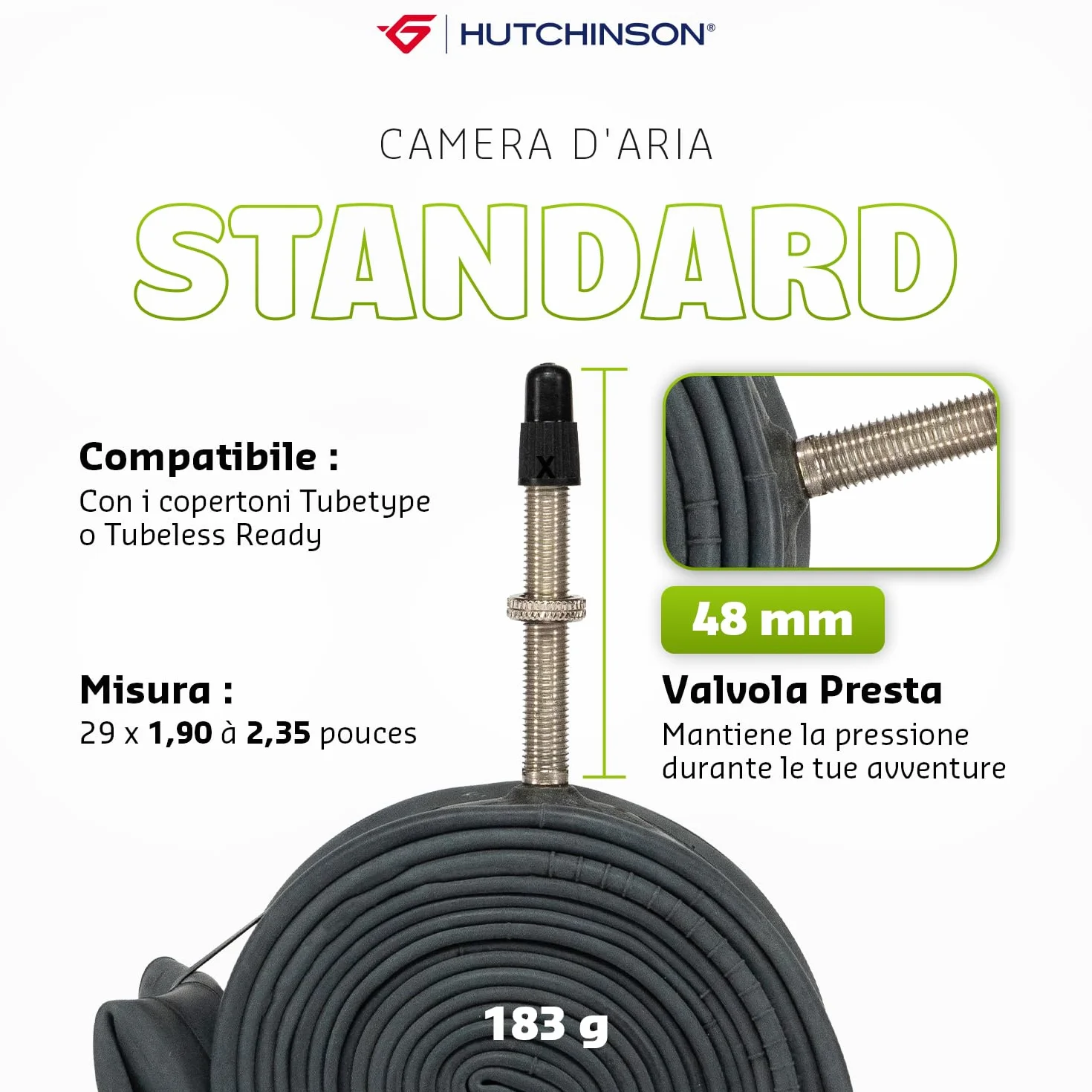 HUTCHINSON - Camera d'aria - MTB - Standard - Resistenza e antiforatura - Valvola Schräder o Presta - Spessore 0,9 mm - 48 MM - 29 x 1,90-2,35