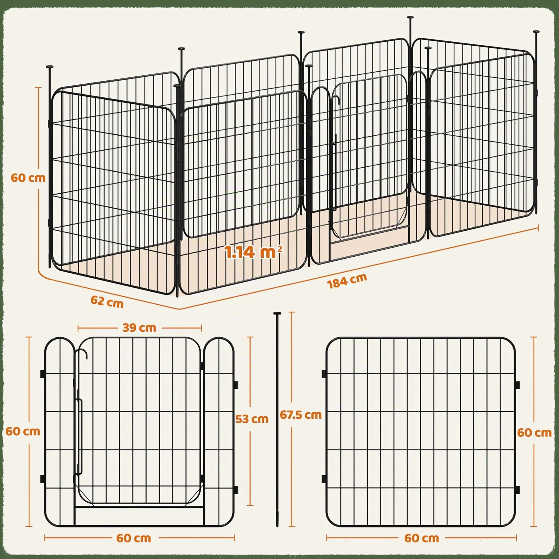 Yaheetech Recinto per Animali Domestici in Acciaio Pieghevole 8 Pannelli Altezza 60 cm con Porta per Cani Gatti Conigli