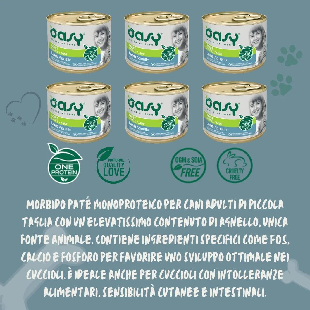 Oasy umido cane adulto monoproteico, alimento completo per cani adulti di taglia piccola (small) gusto AGNELLO | 6 scatolette da 200 grammi l’una.