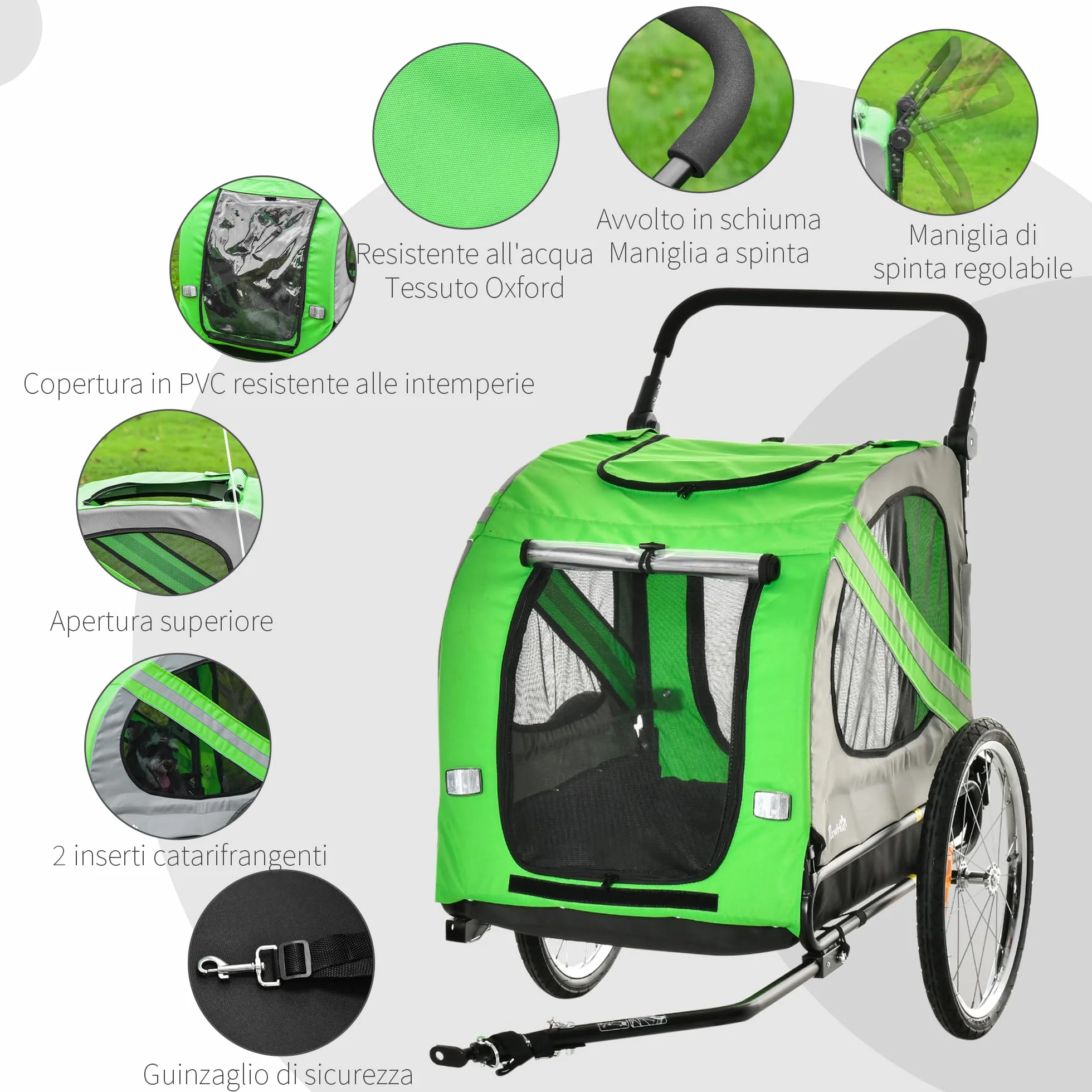 PawHut Rimorchio Bici e Passeggino per Cani 2 in 1, Carrello Bici in Acciaio e Tessuto Oxford con Catarifrangenti e Bandierina
