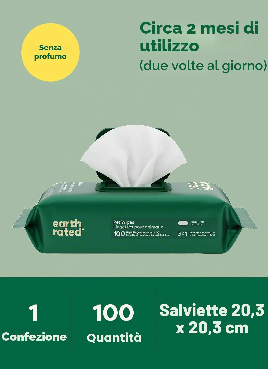 Earth Rated Salviette ipoallergeniche per Cani, puliscono ed eliminano Gli odori da Zampe, Corpo e Sedere, Senza Profumo, 100 Pezzi