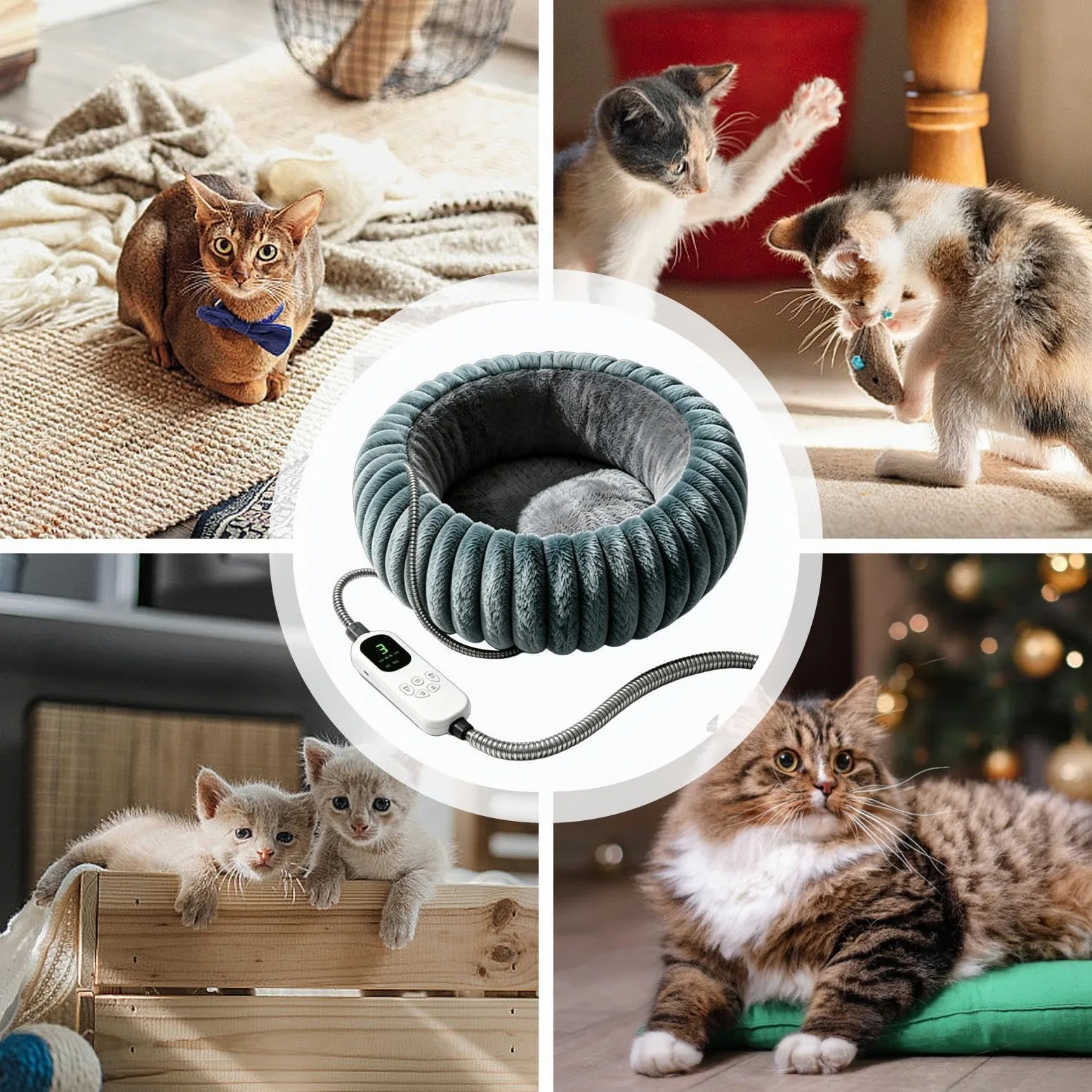 Cuccia Riscaldata Per Gatti Cuscino Rotondo in Peluche con Timer e 9 | Tappetino Riscaldante per Gatti per Angolo Casa Interno Soggiorno Camera Ufficio