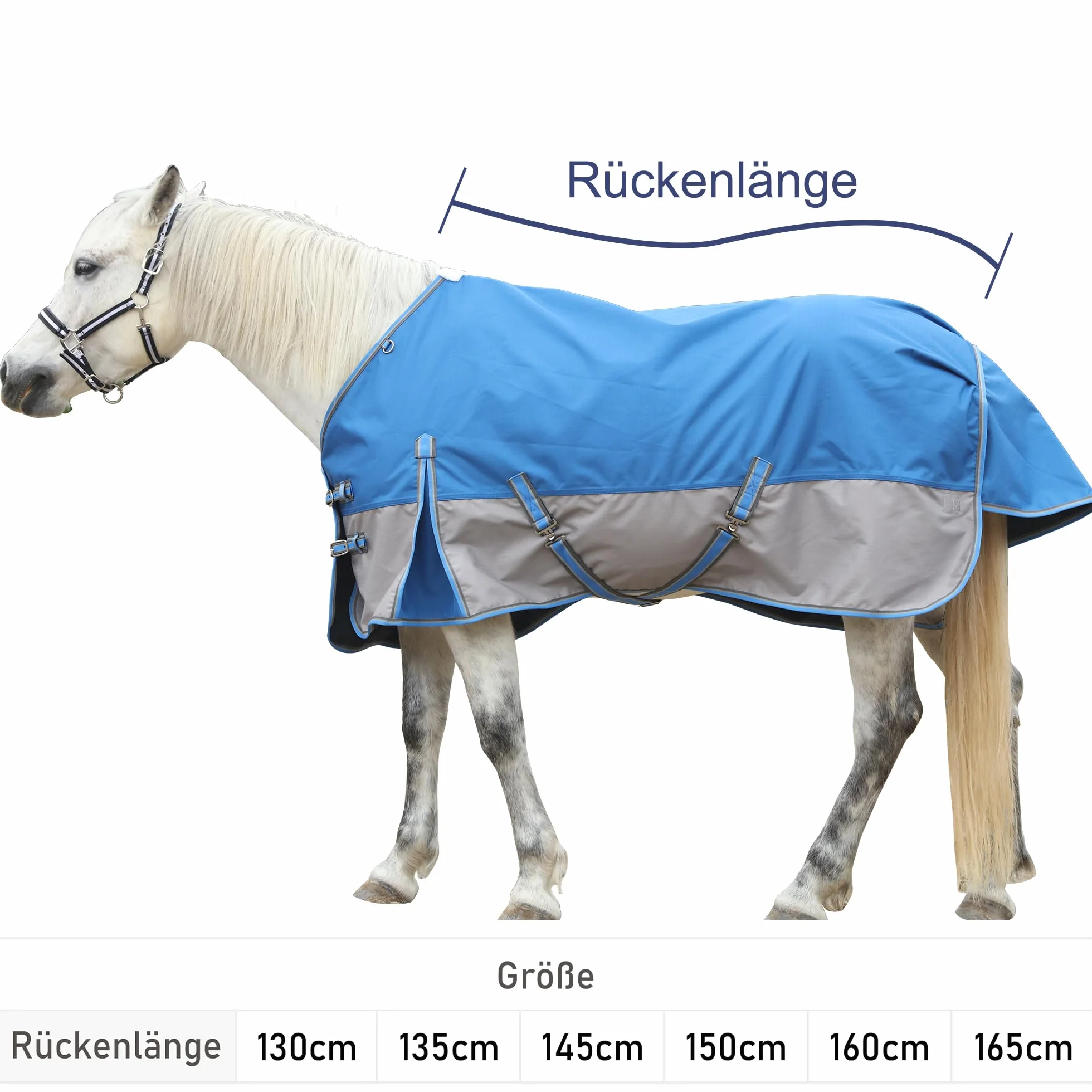 1200D Coperta per cavalli resistente allo strappo senza imbottitura (0g), Coperta da esterno leggera, impermeabile e traspirante per cavalli, Blu-Grigio 145 cm