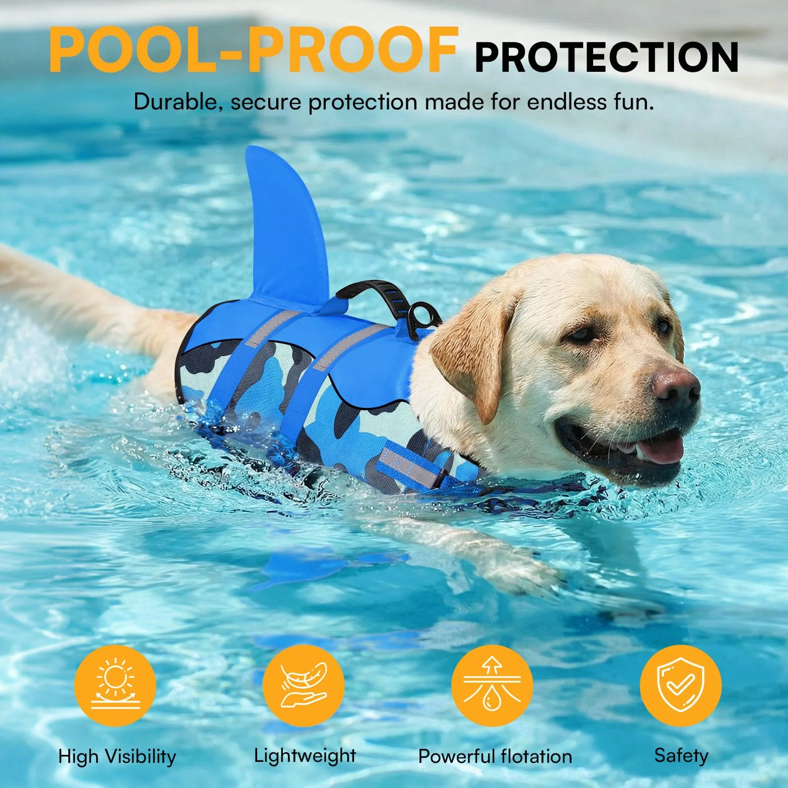 Queenmore Giubbotto di salvataggio per cani in ripstop con squalo, regolabile, elevata galleggiabilità, manico di salvataggio, per cani piccola media grande, blu mimetico