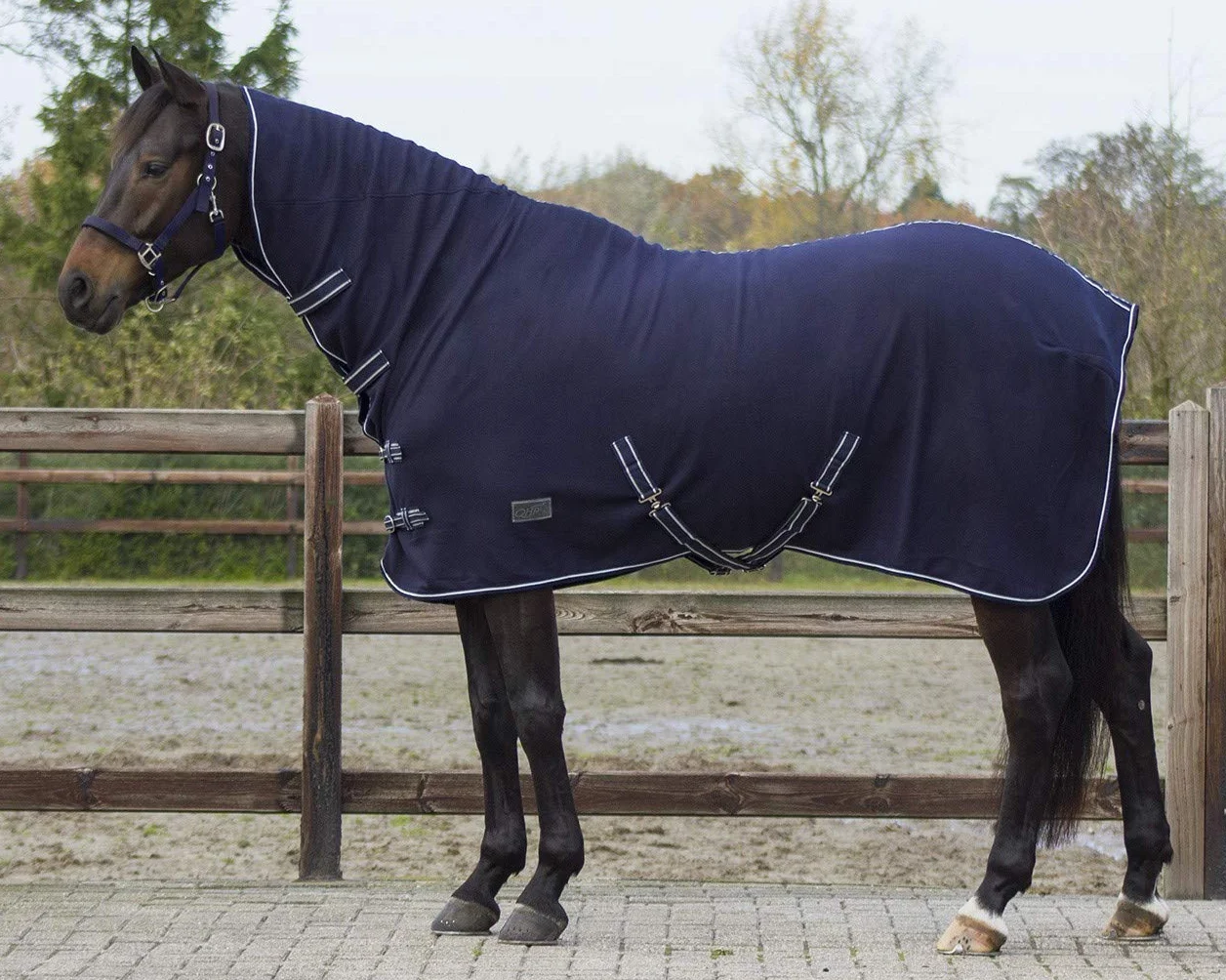 QHP coperta in pile per cavallo con parte per il collo e cinghie, blu