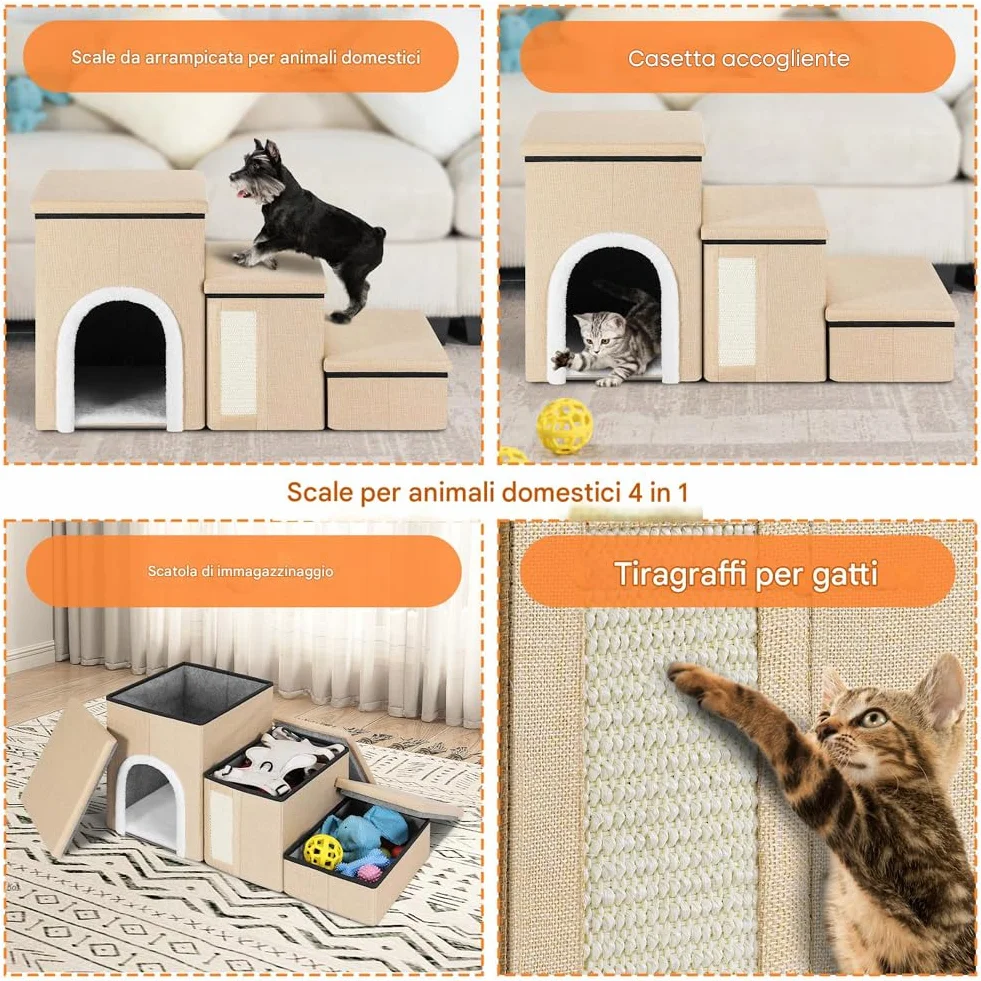 BAKAJI Pieghevole in Poliestere Beige Scala per Cani e Gatti 3in1 con Vano Contenitore e Cuccia Casetta, Gradini Ergonomiche, Fondo Antiscivolo
