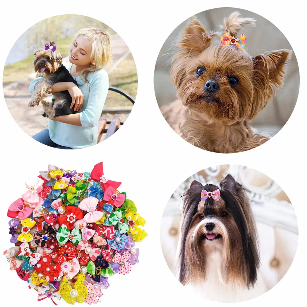 50 Pezzi Fiocchi per Capelli di Cani,Fiocchi per Cani con Elastici in Gomma,Fiocco Peli di Cane per Capelli Lunghi,Motivo Casuale