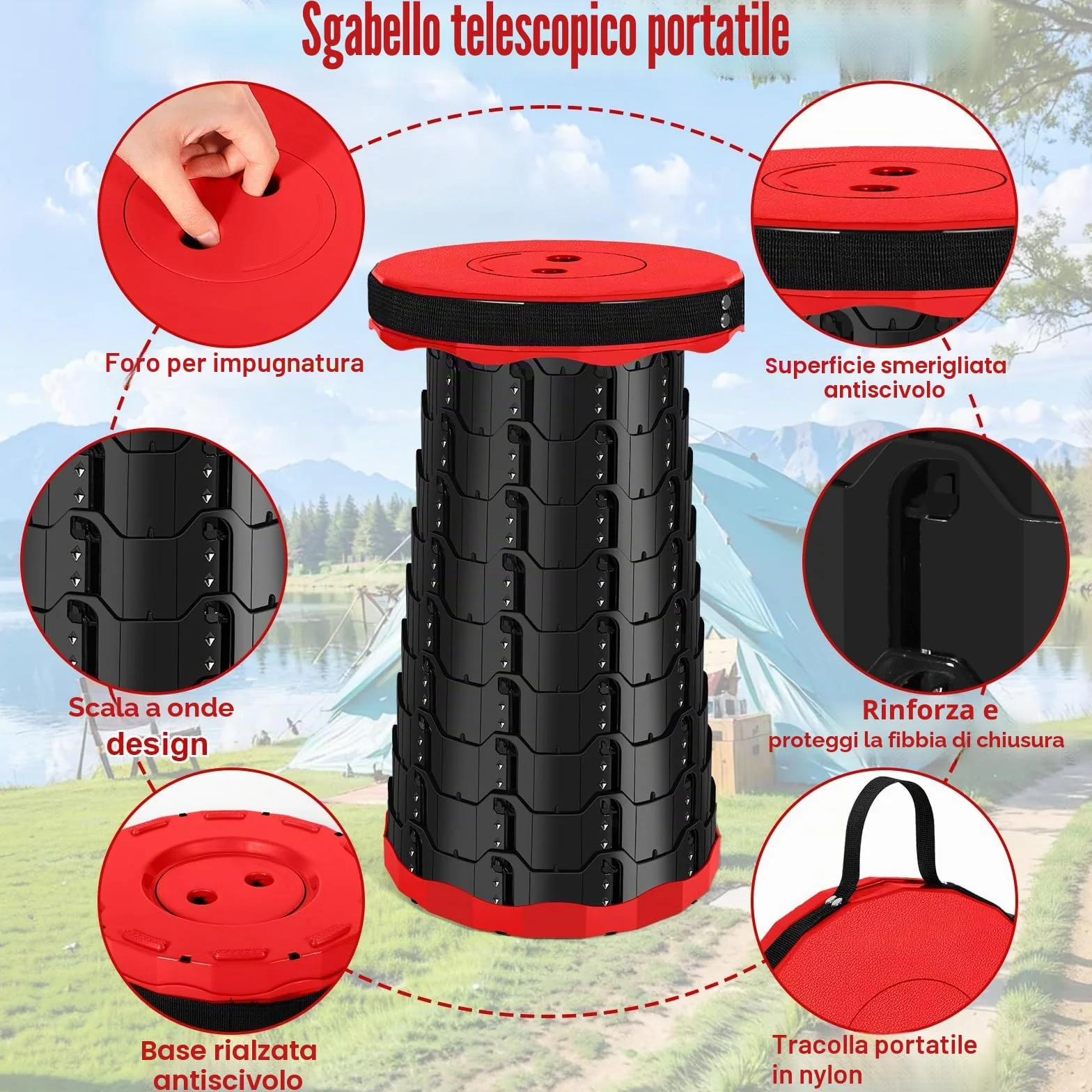Sgabello Pieghevole Portatile Telescopico da Campeggio Altezza Regolabile 180 kg Rosso