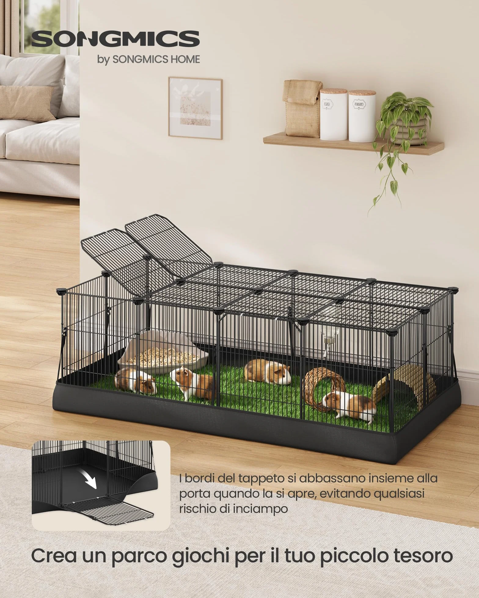 SONGMICS Recinto per Piccoli Animali, Parco Recinzione, Tappetino Impermeabile, Doppia Porta, per Conigli, Porcellini d’India, 20 Pannelli, 123 x 63 x 41,5 cm, Nero Inchiostro LPI012BH01