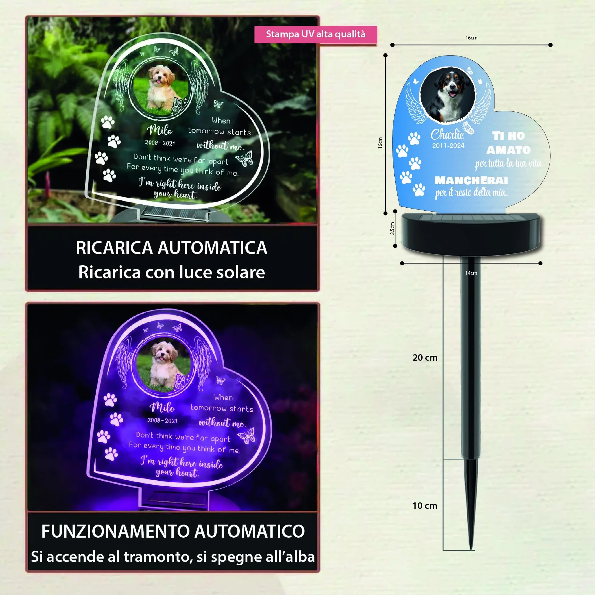 La Farfalla di Legno Lampada Commemorativa LED Solare per Cane e Gatto Memoriale da Giardino Personalizzabile Cuore