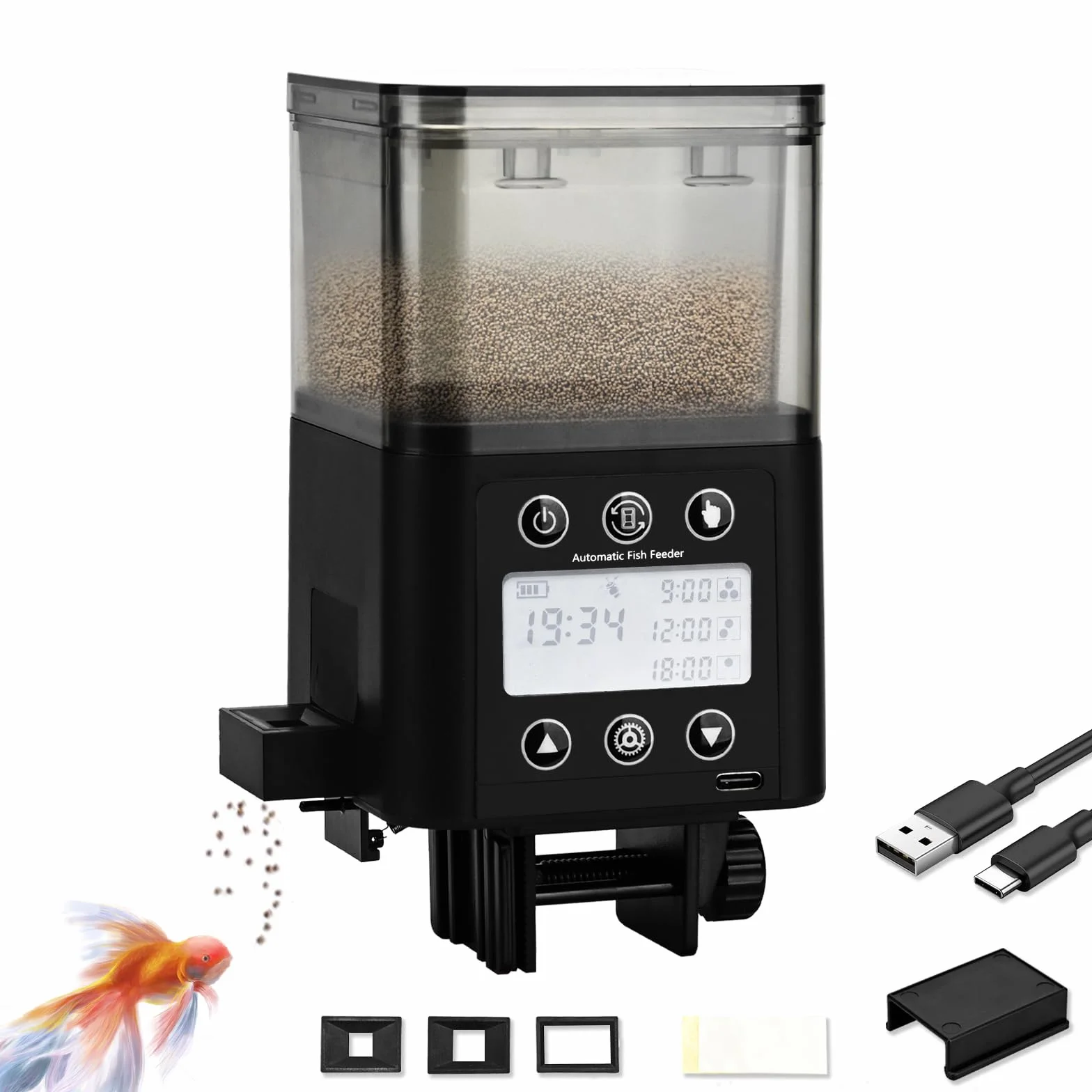 Podazz Alimentatore automatico per pesci, ricaricabile, con timer, con display LCD, 320 ml, alimentatore elettrico per pesci a prova di umidità, per il fine settimana in vacanza