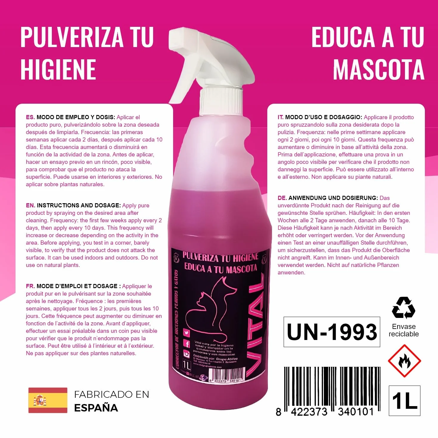 Vital Correttore di minzioni per cani e gatti 1000 ml - Eliminatore di odori e tracce di urina - Aiuto per l'addestramento degli animali domestici - Uso interno ed esterno - Efficace