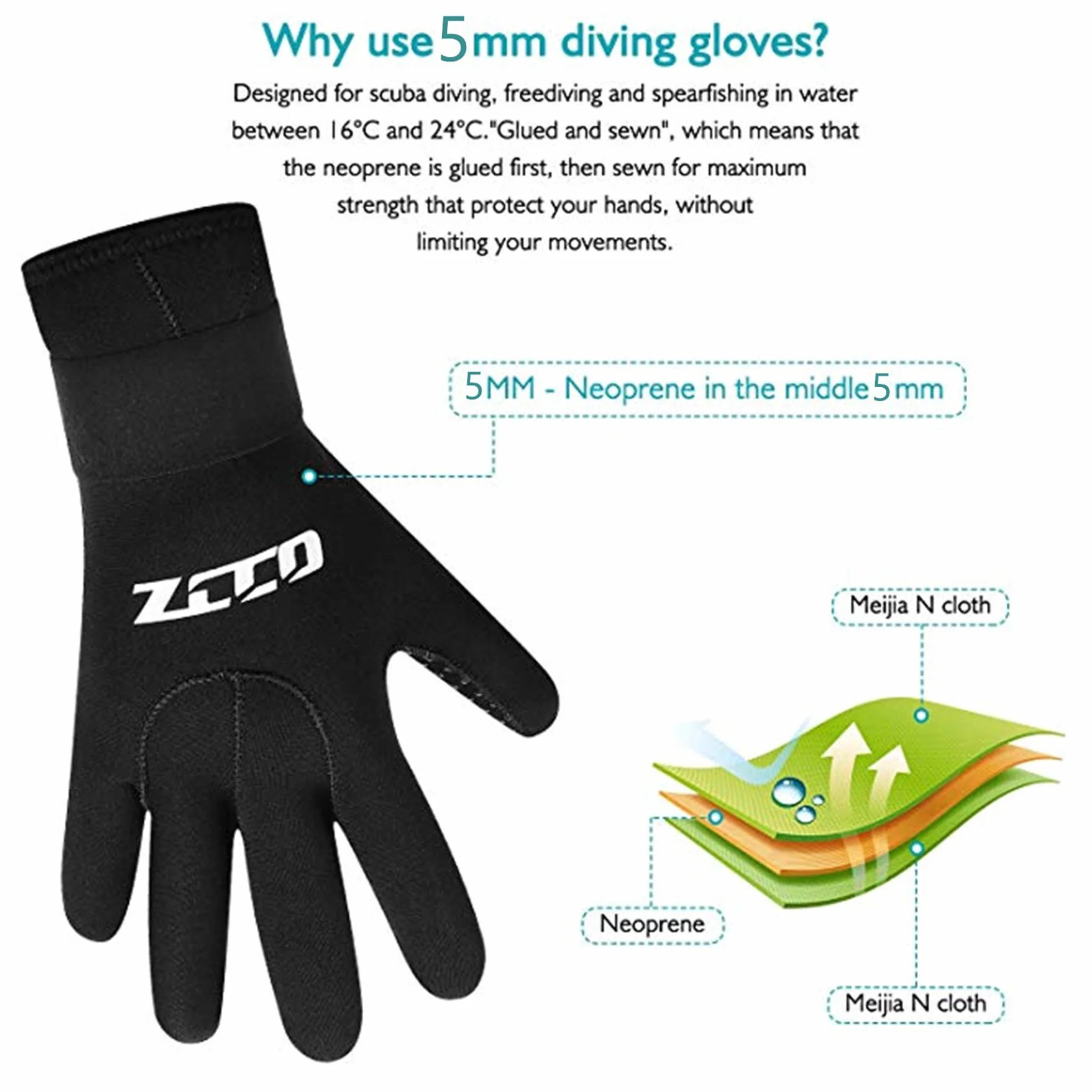 ZCCO Guanti da immersione in neoprene 3mm / 5mm, guanti da muta termica a doppio strato con polso elastico e particelle antiscivolo