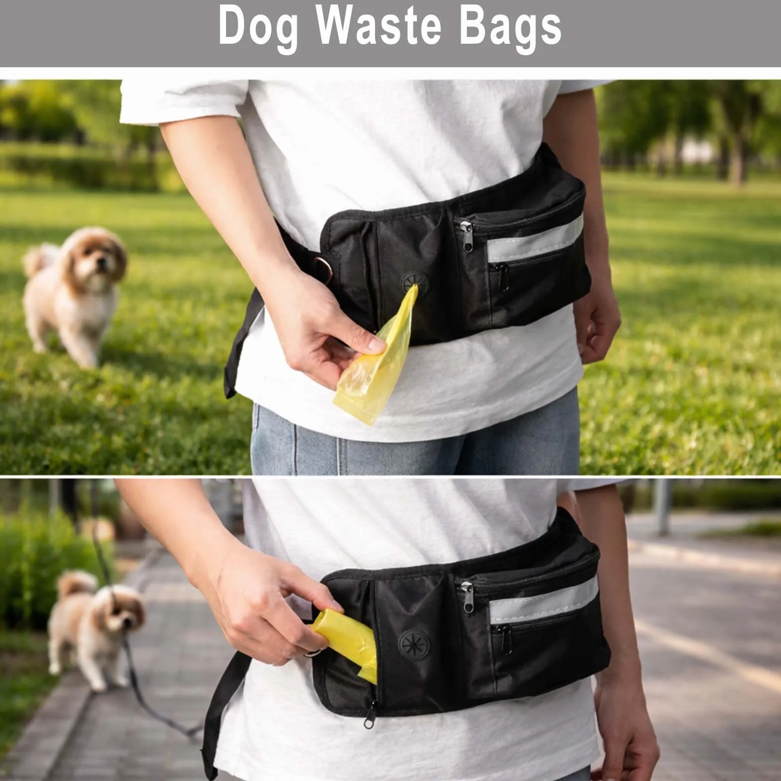 Porta premietti per cani, marsupio per addestramento, sacchetto porta-cibo con dispenser per sacchetti per i bisogni e striscia riflettente, marsupio regolabile per passeggiate all'aperto (nero)