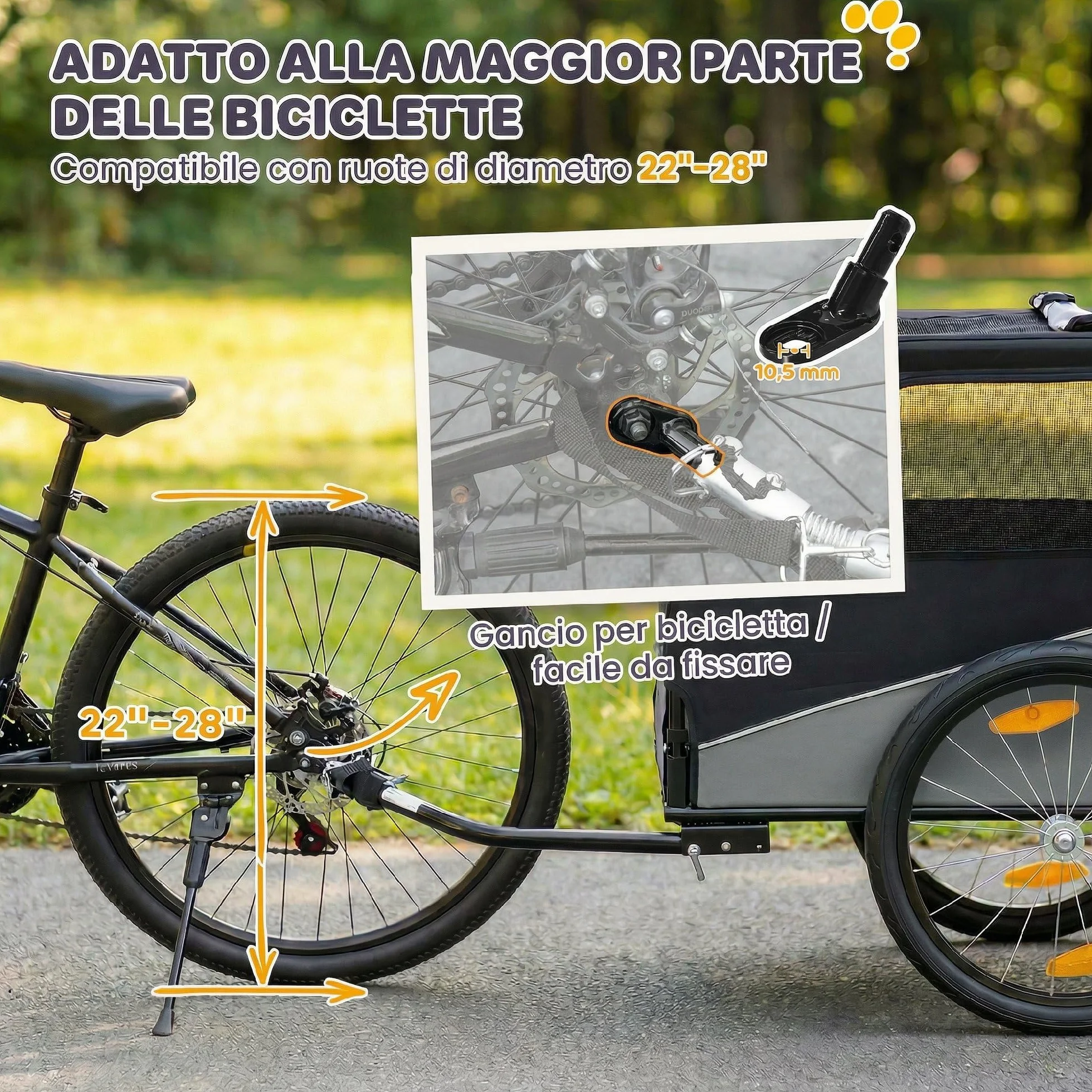 PawHut Rimorchio Bici per Cani Pieghevole con Ruote Gonfiabili a Sgancio Rapido, Ampie Finestre, Carrello Bicicletta Cani Media 20 kg, Catarifrangenti, Guinzaglio, Bandierina, Metallo e 600D Oxford