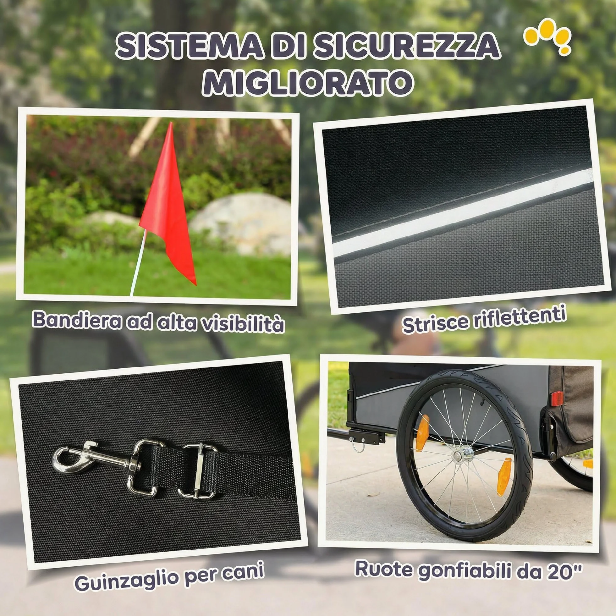 PawHut Rimorchio Bici per Cani Pieghevole con Ruote Gonfiabili a Sgancio Rapido, Ampie Finestre, Carrello Bicicletta Cani Media 20 kg, Catarifrangenti, Guinzaglio, Bandierina, Metallo e 600D Oxford