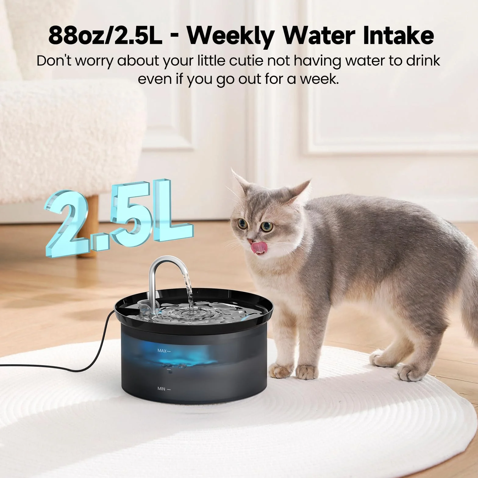 Fontanella per Gatti: Fontana per Gatto d'acqua per Animali Domestici con Pompa Ultra Silenziosa, Filtro a Carbone Attivo Mantenendo l'acqua Pulita, Capacità 2,5L, Design del Rubinetto