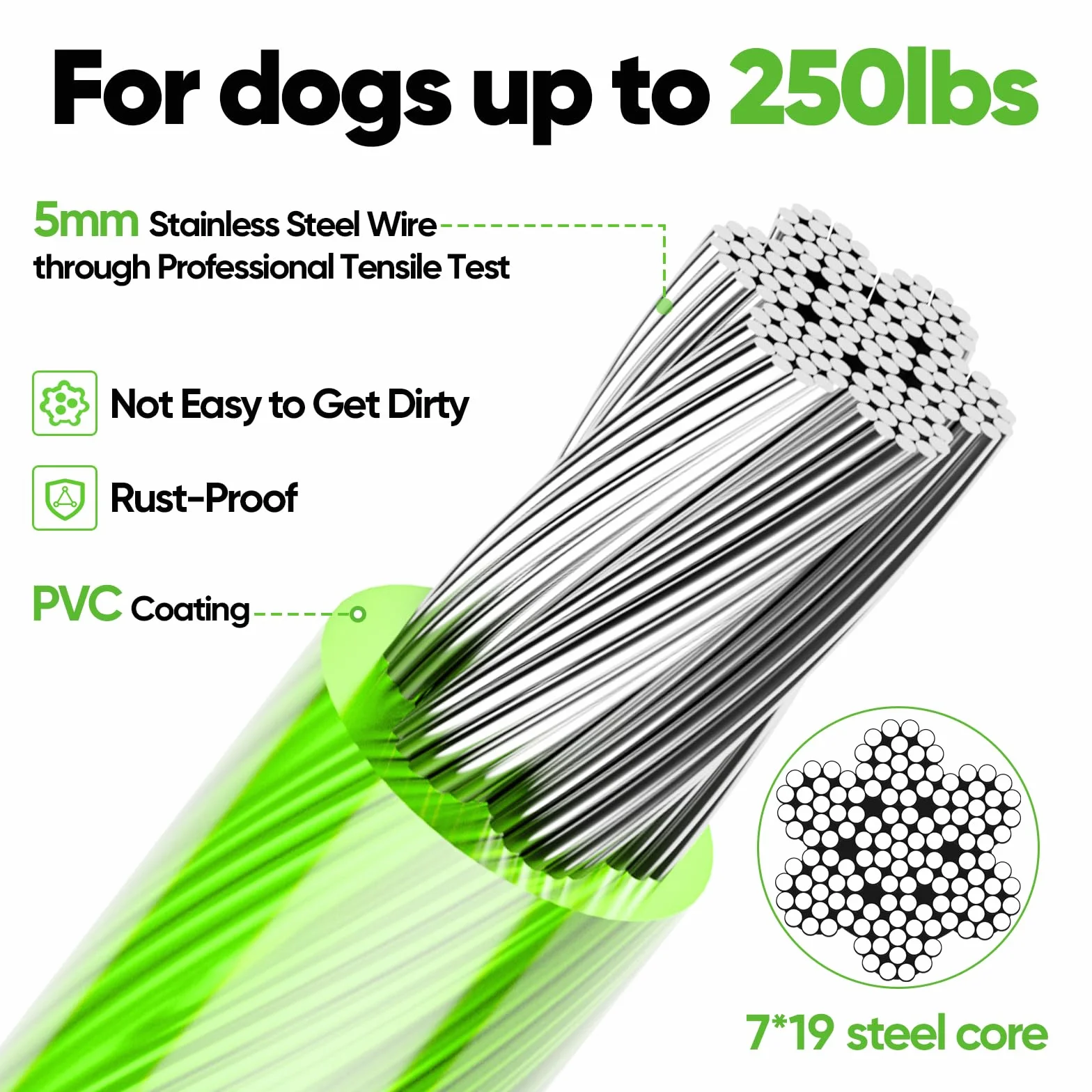 Tresbro Cavo riflettente per cani fino a 113,4 kg, cavo in filo di acciaio con fibbia a doppia fissaggio in acciaio, leggero e resistente, catena per cani per esterni, cortile, campeggio, verde