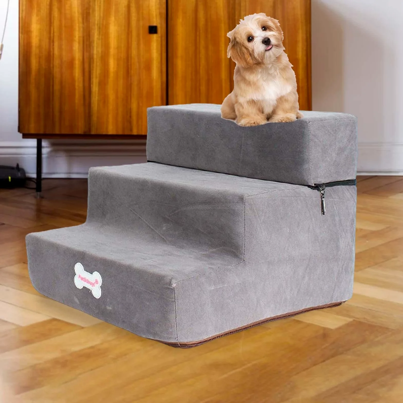 LOVIVER Morbido Cane Scale Scaletta Antiscivolo Rampa Giocattoli Spugna Lavabile Step 3 Rimovibile Cerniera Copertura per Vecchi Gatti Divano, Grigio Chiaro