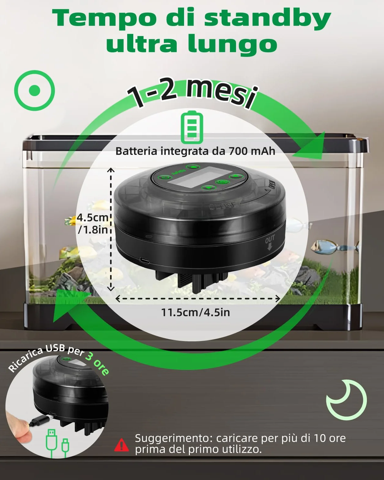 Papettly Mangiatoia Automatica Acquario - Distributore Automatico Cibo Pesci per Acquario per Rossi e Tartarughe con Cavo USB e Display LCD, Mangiatoia Pesci con Timer e Cucchiaio per Pesci