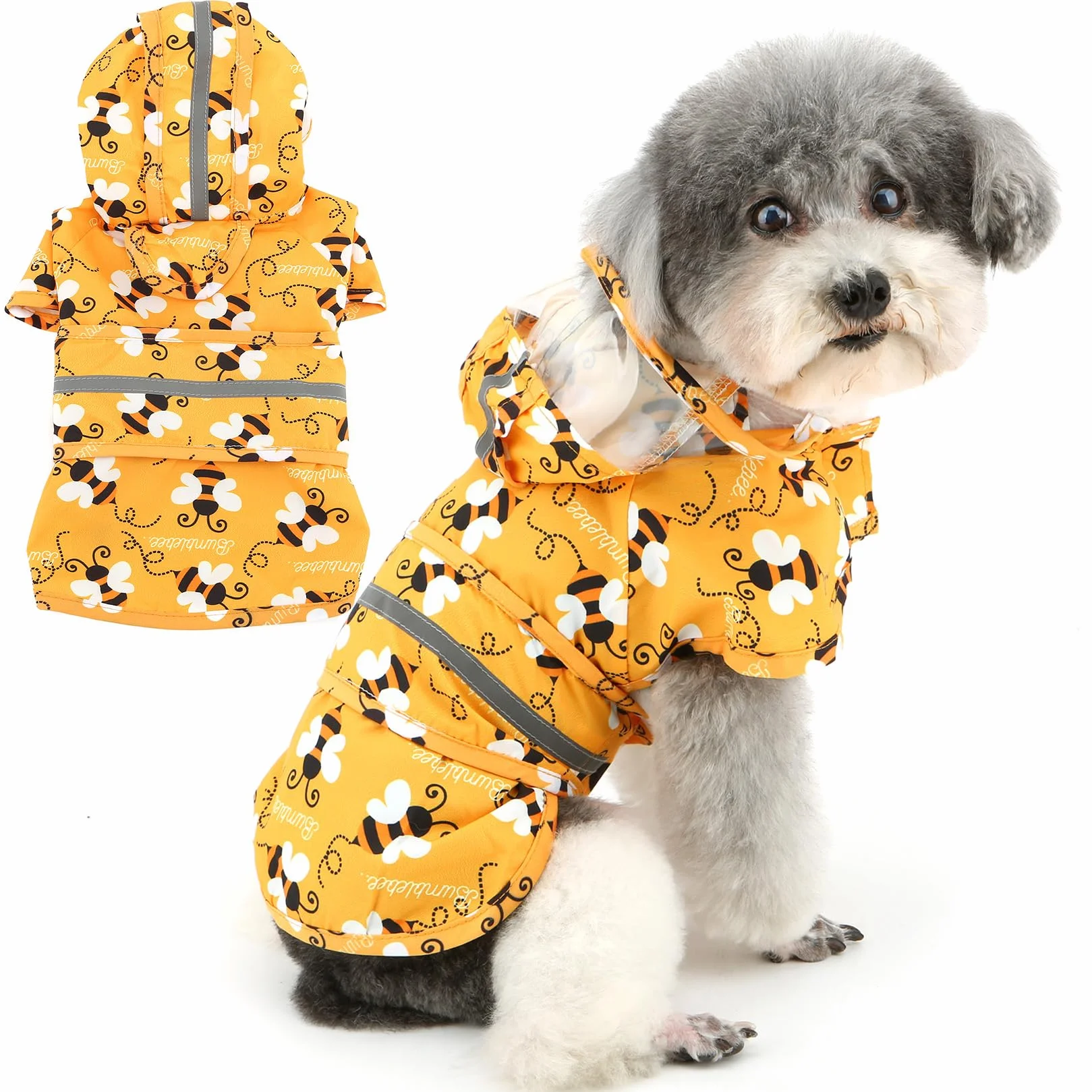 Zunea Impermeabile con Cappuccio per Cani di Piccola Taglia Impermeabile Leggero Riflettente per Cuccioli con Foro per Guinzaglio Giacca Antipioggia per Cani Poncho Motivi Api Costumi Arancione S