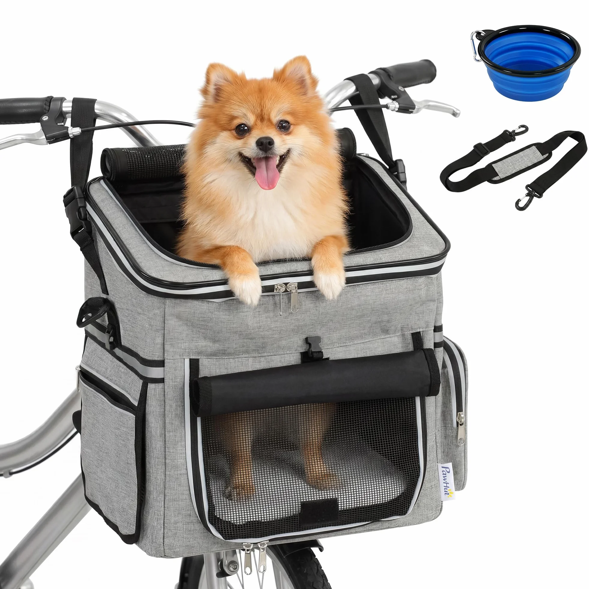 PawHut Cestello da bicicletta Anteriore per Cani Gatti, Cestino Bici Anteriore Portatile con Guinzaglio di Sicurezza, Base Rigida Rimovibile, Coperchio Staccabile, Cuscino Soffice, Finestre e Porta