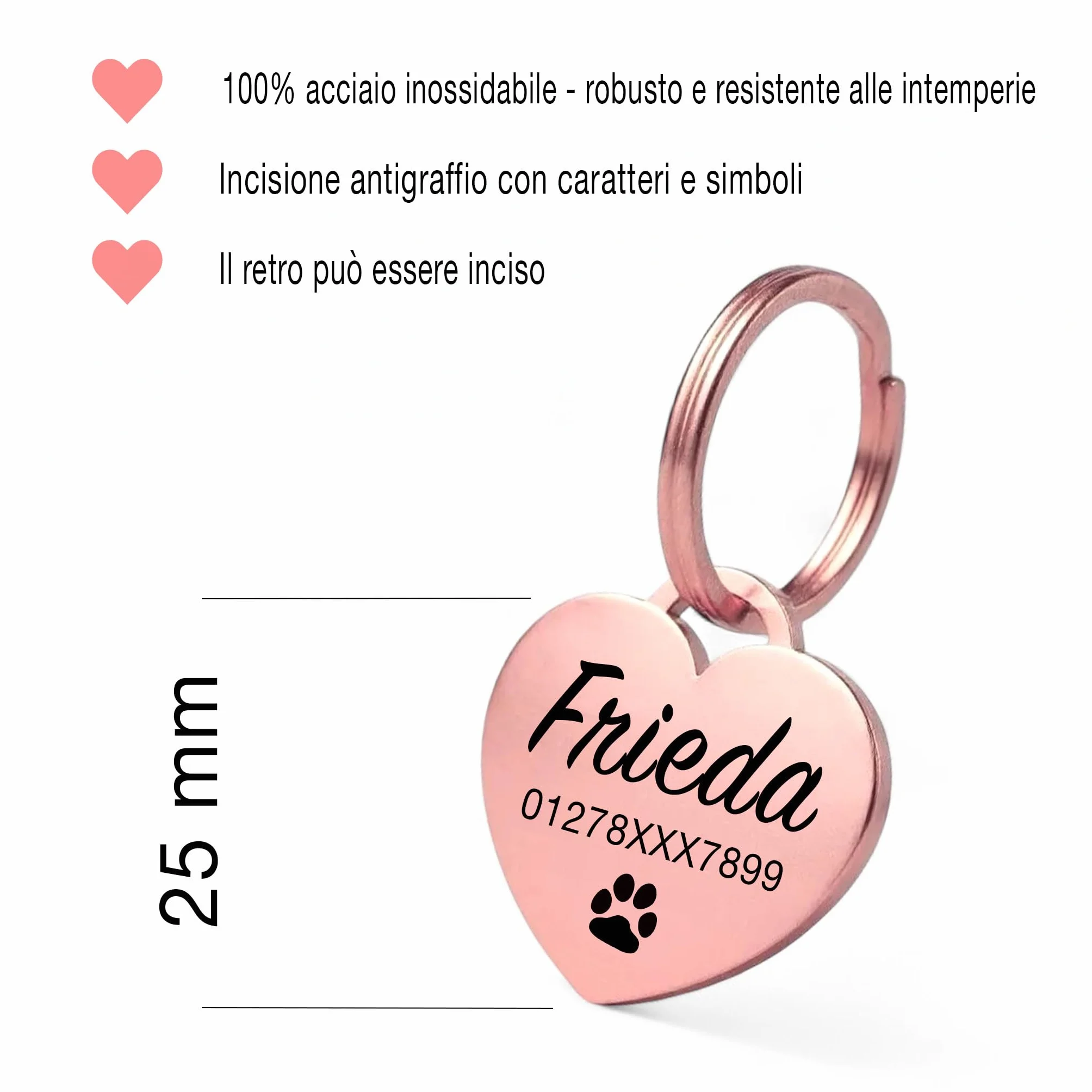 Medaglietta per cani GOLDEN PAW in acciaio inossidabile con incisione a forma di cuore, personalizzata, Oro rosa