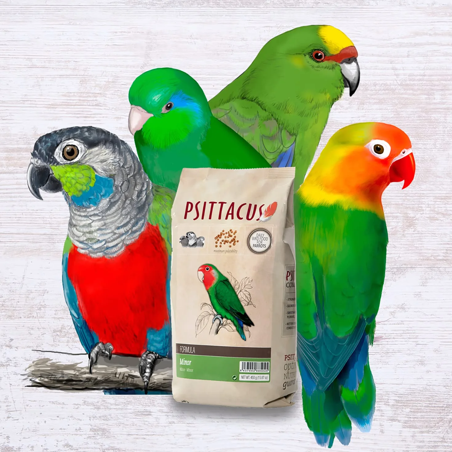 Psittacus Minor 450 g | Mangime completo per Agapornis, Forpus e Pyrrhura | Alimento premium per uccelli, 100% no-GMO