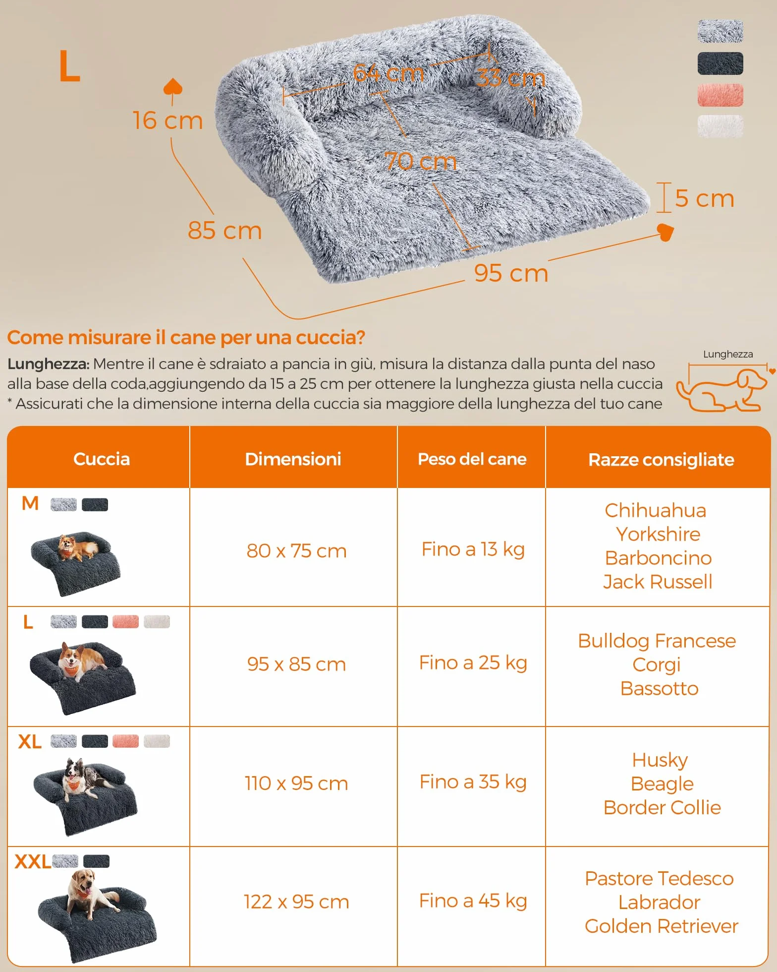 Feandrea FluffyHug Cuccia Divano per Cani di Peluche, Tappeto Copridivano per Animali, Taglia L, per Cani di Media Taglia, 95 x 85 x 16 cm, Grigio Ombré PGW222G01