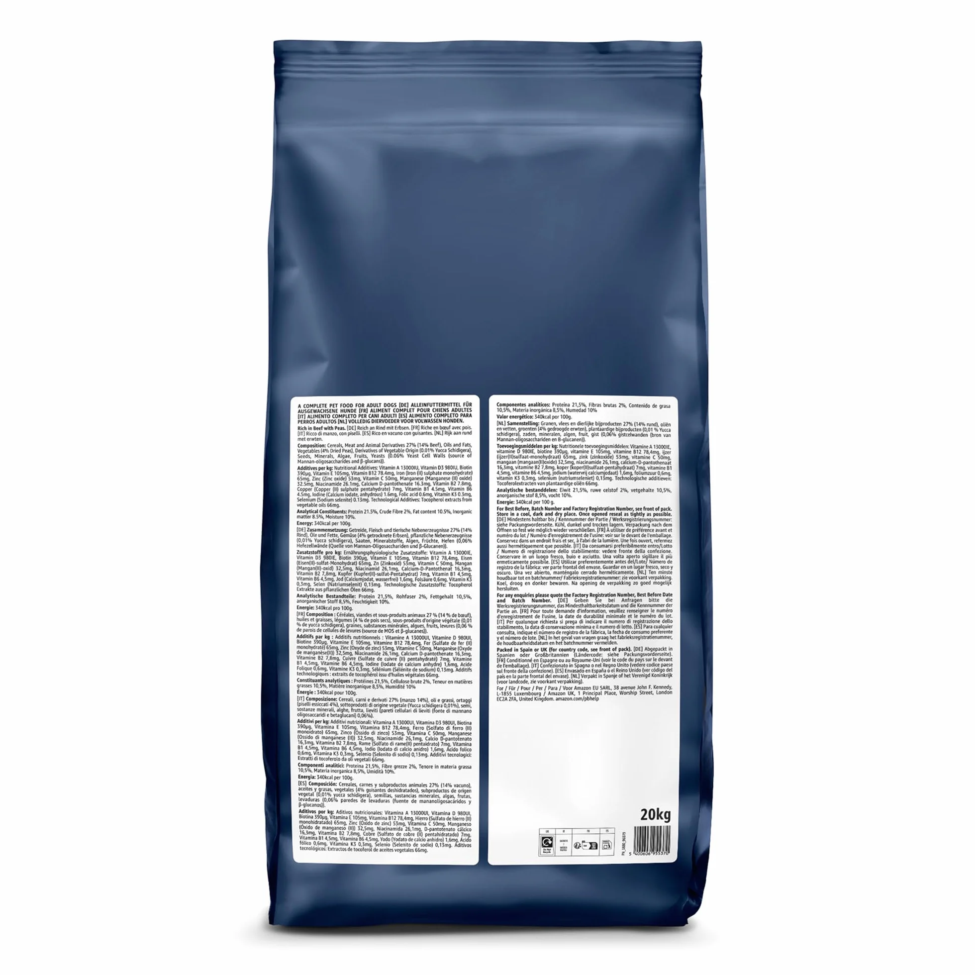 Amazon Alimento secco completo per cani adulti ricco di manzo con piselli 20 kg