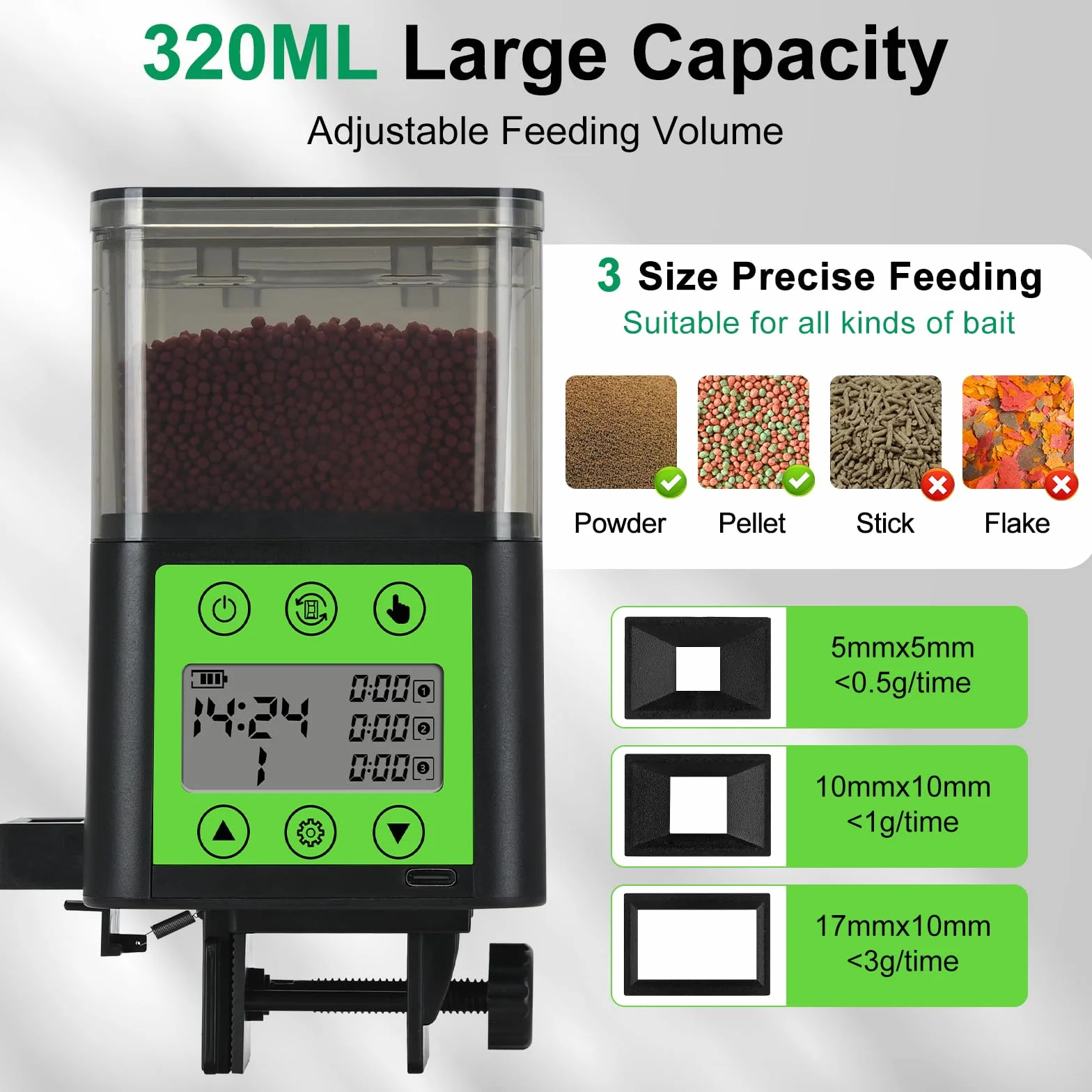 Lychee - Erogatore automatico di cibo per pesci ricaricabile USB 320 ml grande capacità con schermo LCD resistente all'umidità con timer elettrico